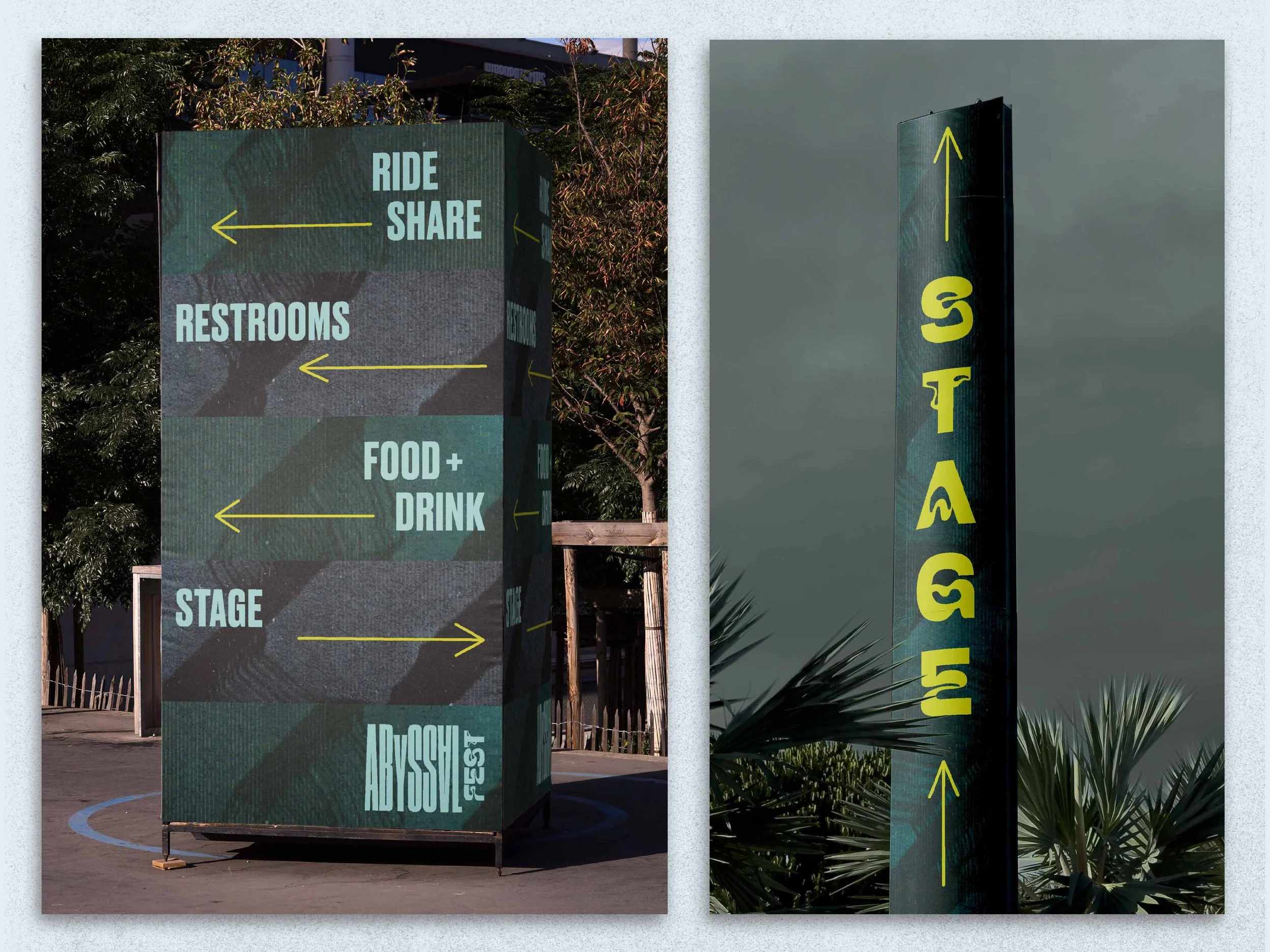 Signboards with directions at a festival. The left signboard shows arrows pointing left for 'Ride Share,' 'Restrooms,' 'Food + Drink,' and right for 'Stage' and 'Abyssal Fest.' The right signboard is vertical with arrows pointing up and down, with te