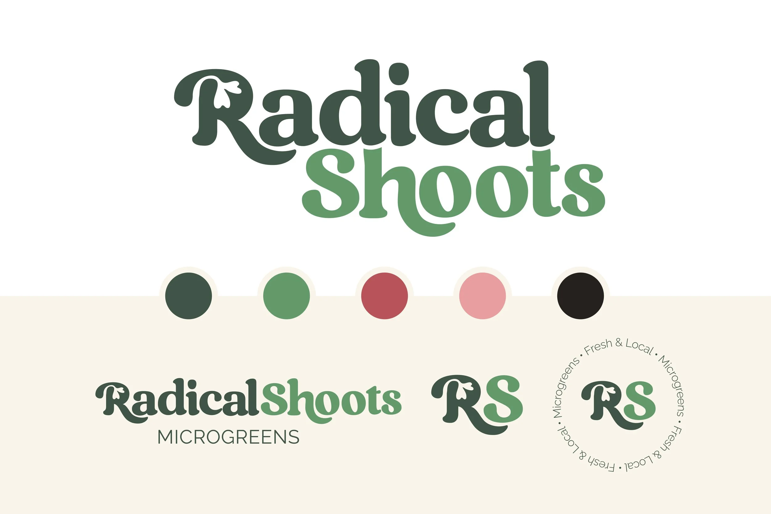 Logo and branding design for Radical Shots Microgreens, featuring the name in green and black letters, color swatches, and circular text emphasizing freshness and local microgreens.