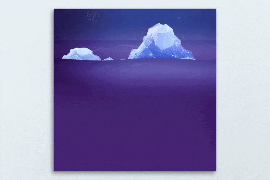 Digital illustration of two iceberg floating in a dark ocean, with a purple and blue gradient sky and abstract neon network patterns