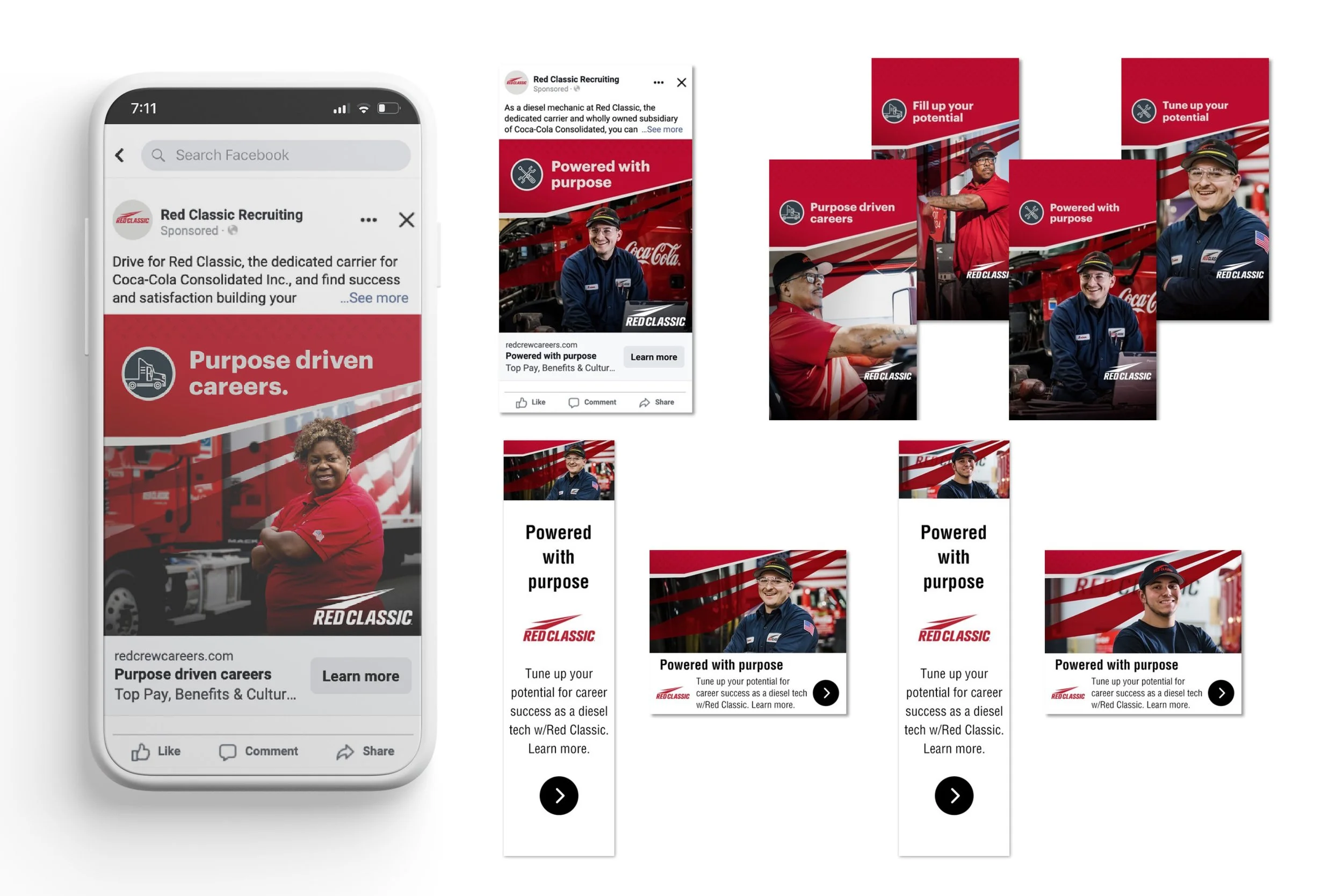 Collection of social media advertisements for Red Classic Recruiting, featuring diverse workers in work uniforms with red, black, and white branding, promoting purpose-driven careers in trucking and diesel tech.