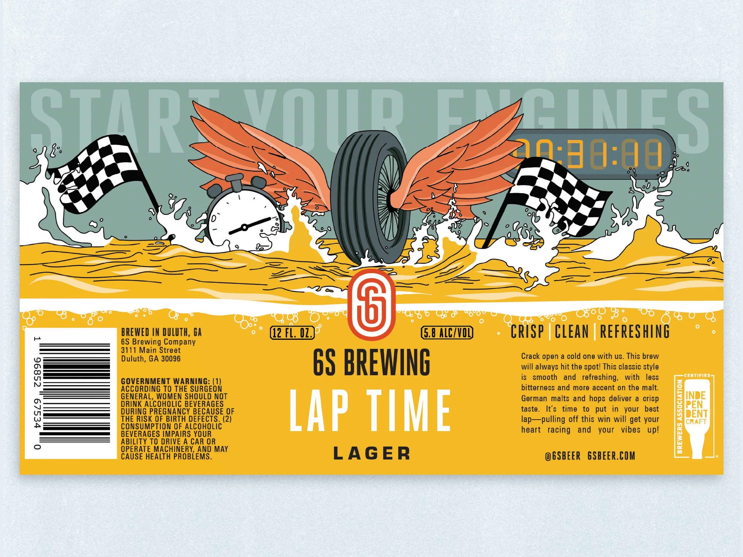 A beer label with a racing theme, featuring a tire with wings, checkered flags, speedometer, and a timer. The label indicates it is a lagers beer brewed by 6S Brewing, with a 5.8% alcohol content, 12 fl oz, and promotes a crisp, clean, and refreshing