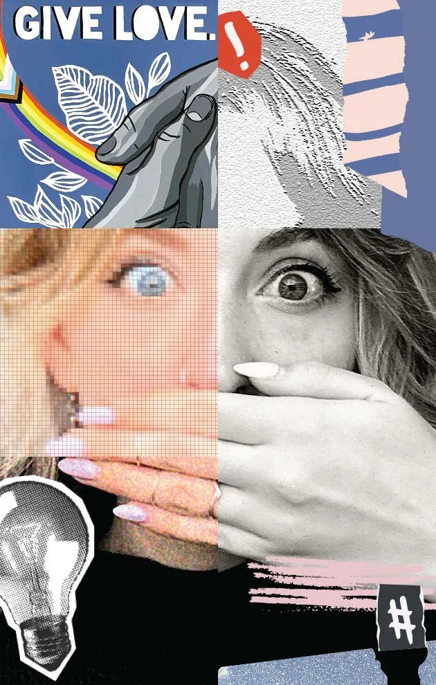 Collage of various images including a hand holding a leaf with rainbow and text 'GIVE LOVE', a textured paper with a red exclamation mark, a pixelated photo of a woman with blue eyes, a black and white photo of a woman with wide eyes, and images of a
