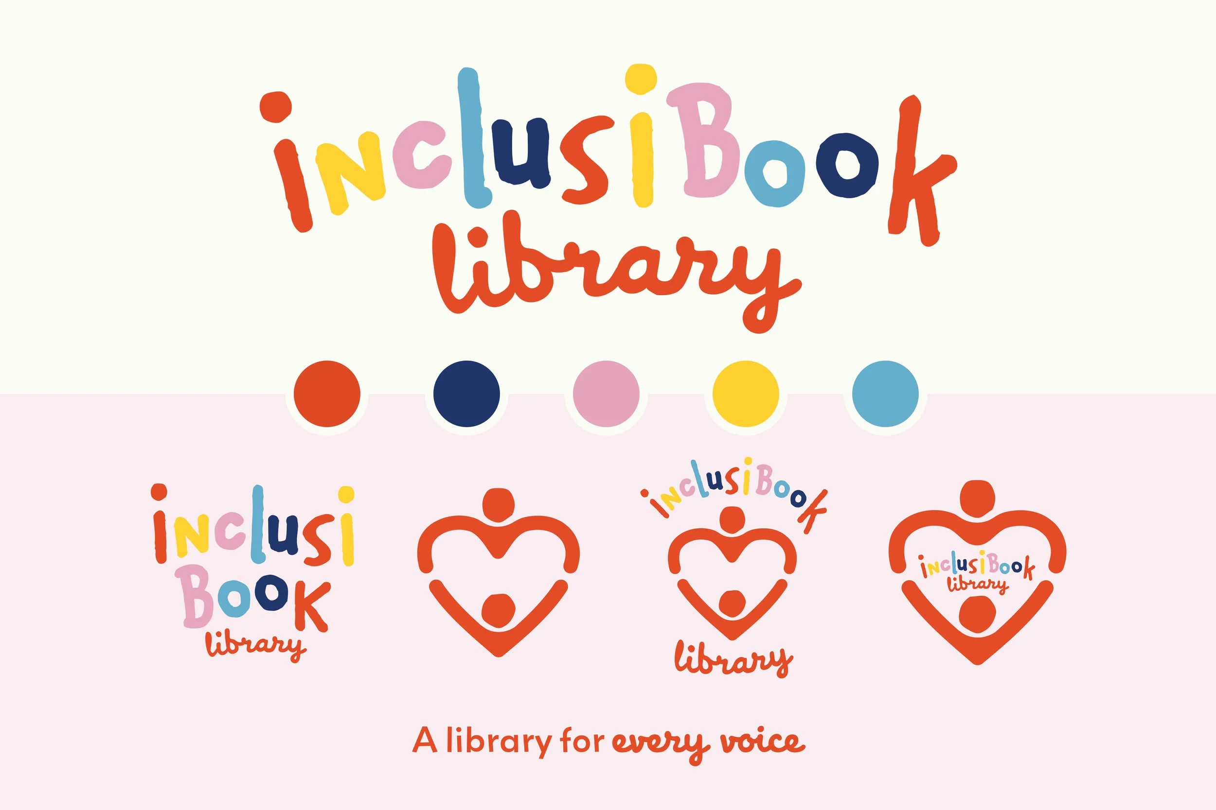 Colorful logo for InclusiBook Library with the slogan 'A library for every voice' including five variations of the logo with different designs and colors.