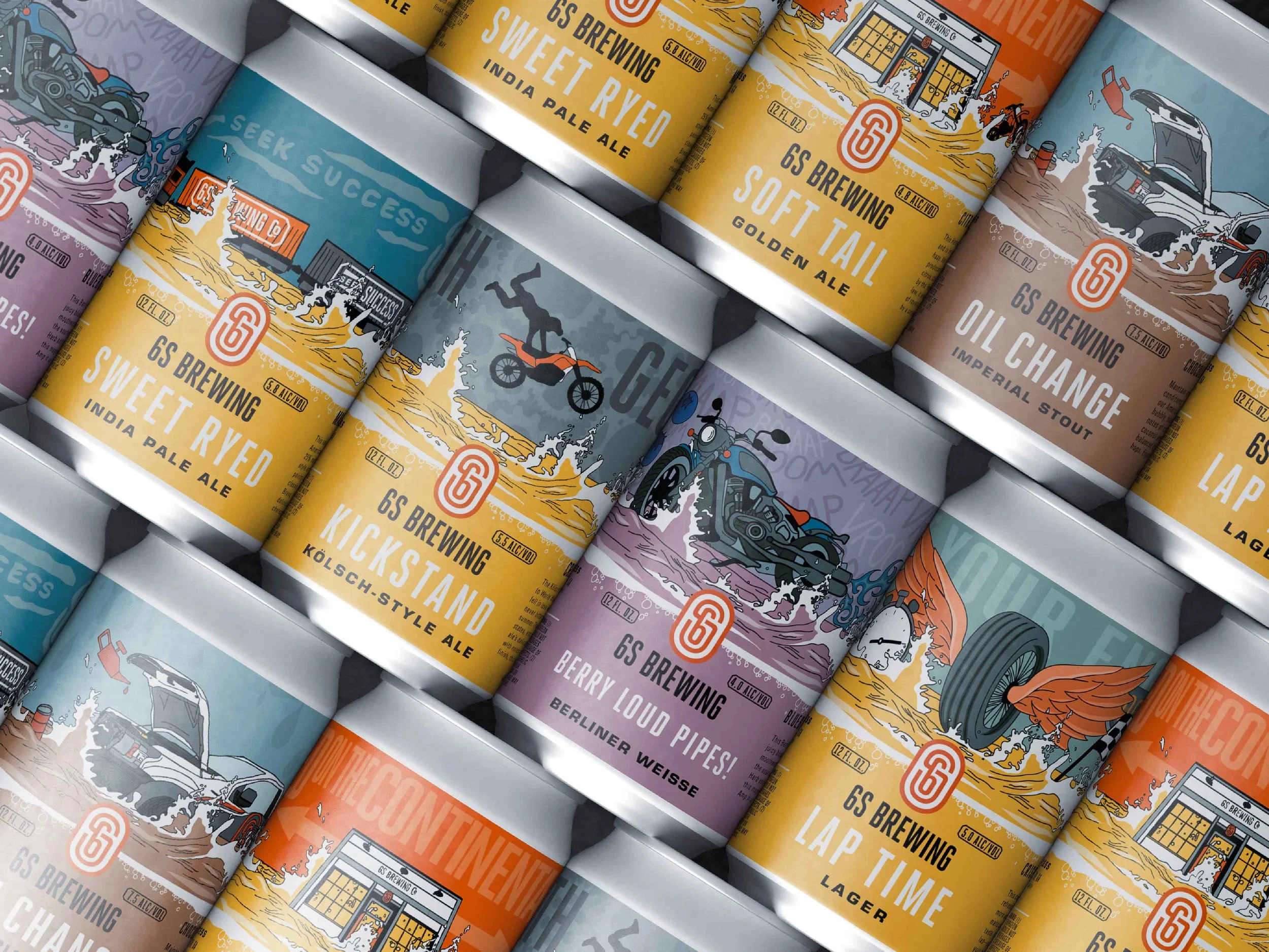 Stacks of beer cans with colorful illustrated labels featuring various scenes such as motorcycles, boats, and buildings, with labels for different beer styles like Sweet Rye D, Soft Tail, Oil Change, Kickstand, Berry Loud Pipes, and Lap Time.