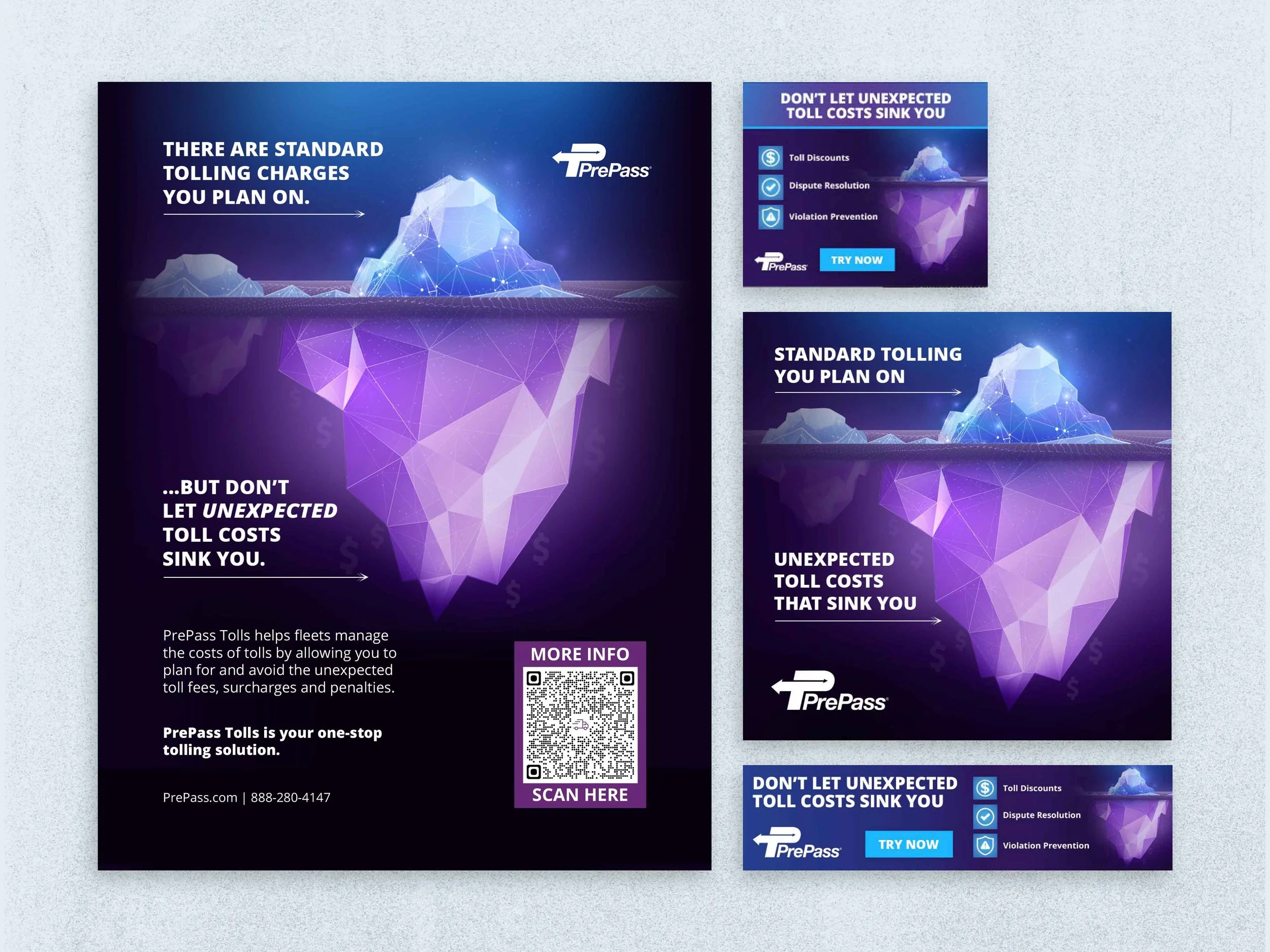 Digital graphic advertisement for PrePass toll management solutions. It features an iceberg with the top part labeled 'There are standard tolling charges you plan on,' and the submerged part labeled '...but don't let unexpected toll costs sink you.'