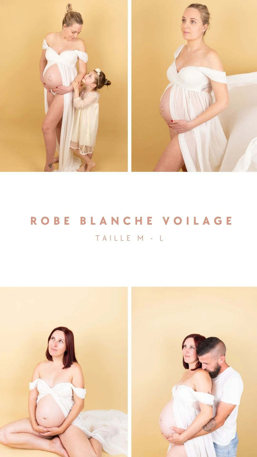Séance photo de femmes enceintes dans un studio avec un fond beige, où elles portent des robes blanches légères. La première femme est accompagnée d'une petite fille, et la deuxième femme avec un homme. Les images illustrent la grossesse et l'attente