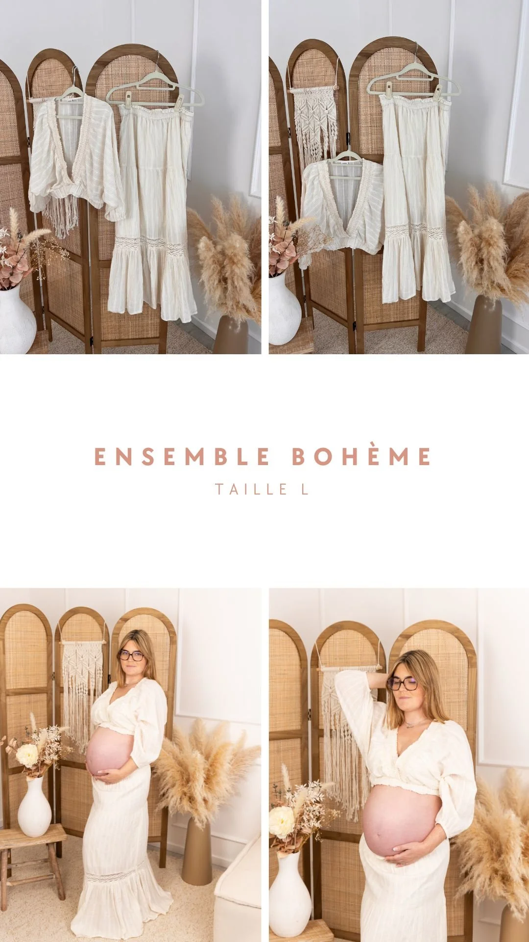 Une femme enceinte portant un ensemble de vêtements blancs, posant dans un décor minimaliste avec des plantes et un paravent en bambou.