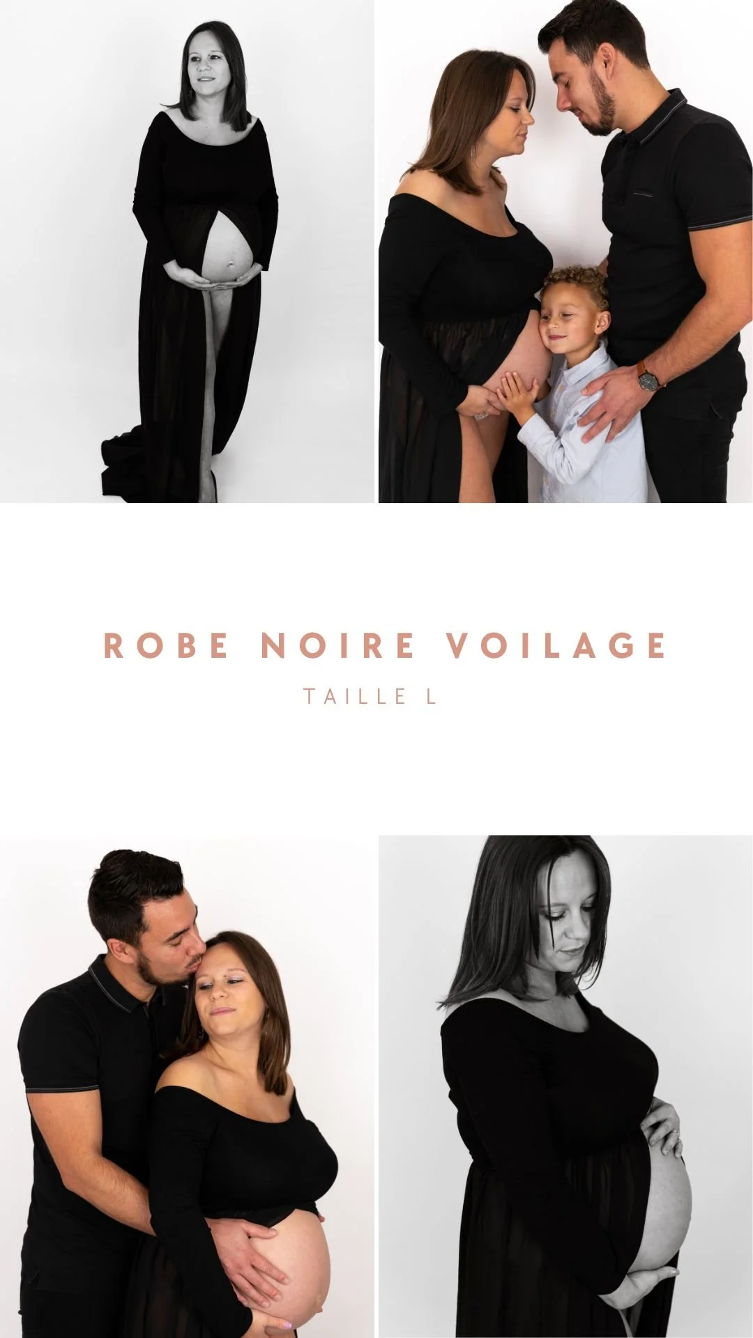 Quatre photos de femmes enceintes portant une robe noire à voile, avec des hommes et des enfants dans deux des photos, sur un fond blanc.