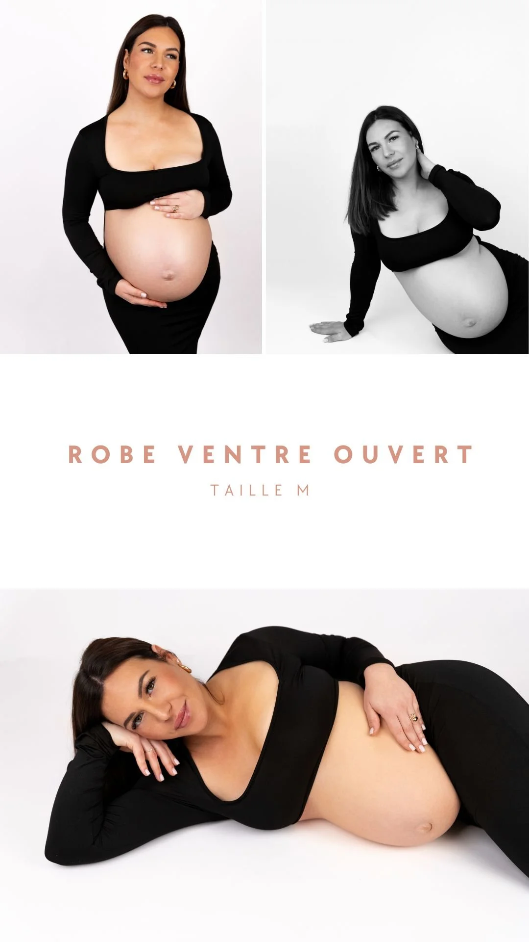 Trois femmes enceintes posant en noir et blanc ou en couleur contre un fond blanc, portant des vêtements noirs avec un ventre nu, dans différentes positions de pose.