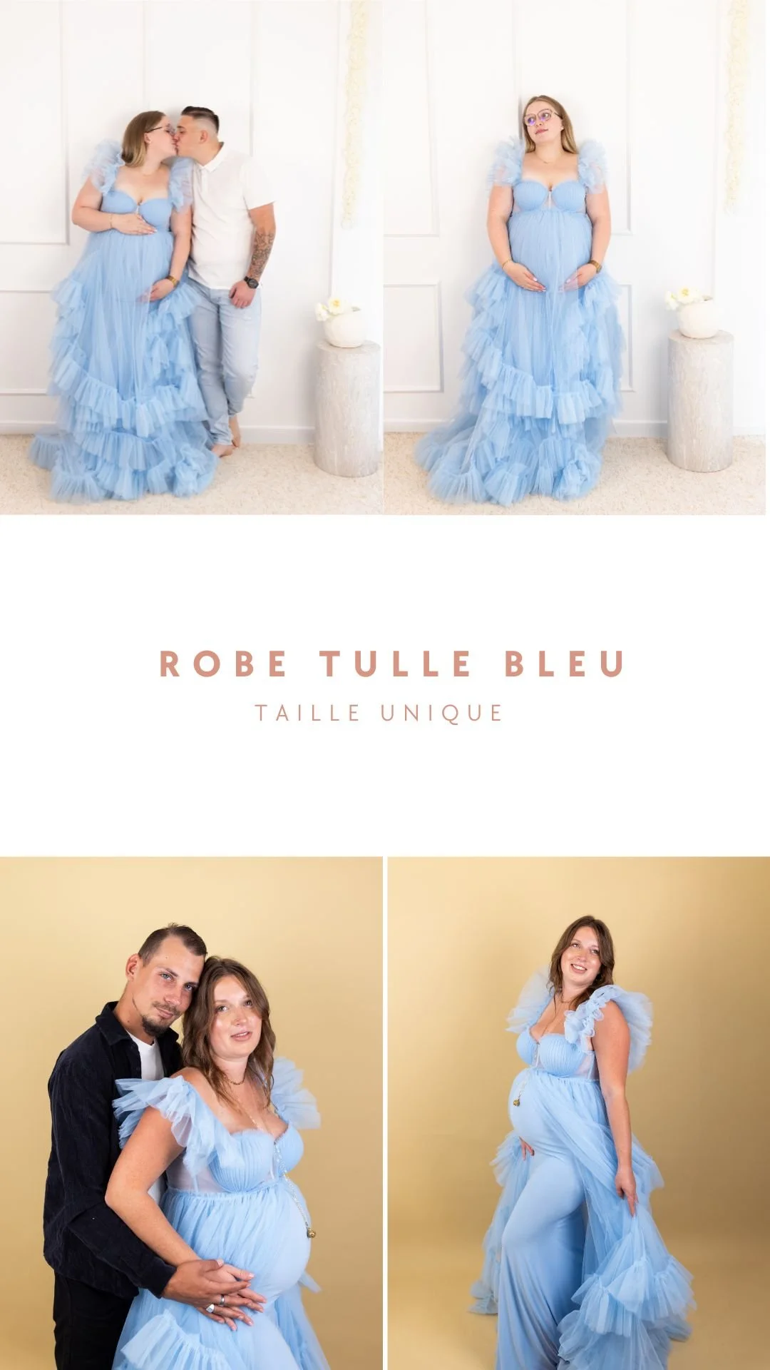 Un collage de quatre photos de personnes portant une robe en tulle bleu. La première photo montre une femme et un homme s'embrassant, la deuxième montre la femme seule, la troisième montre un couple où la femme est enceinte, et la quatrième montre la