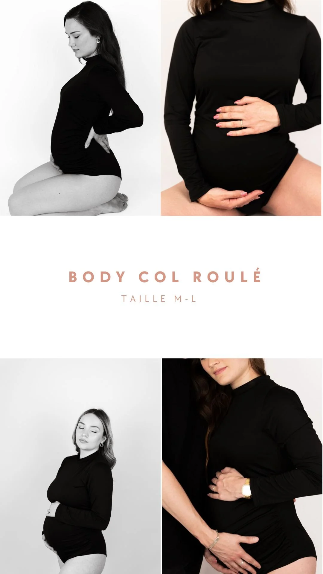 Une publicité pour un body en col roulé, taille M-L, montrant quatre femmes portant le vêtement dans différentes poses.