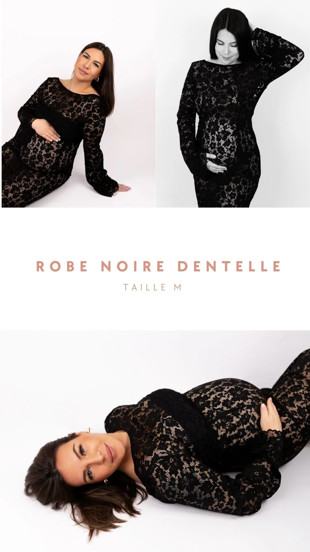 Une femme en robe noire dentelle couchée, une autre en robe noire dentelle debout, et une femme allongée sur le côté portant la même robe, toutes sur un fond blanc.