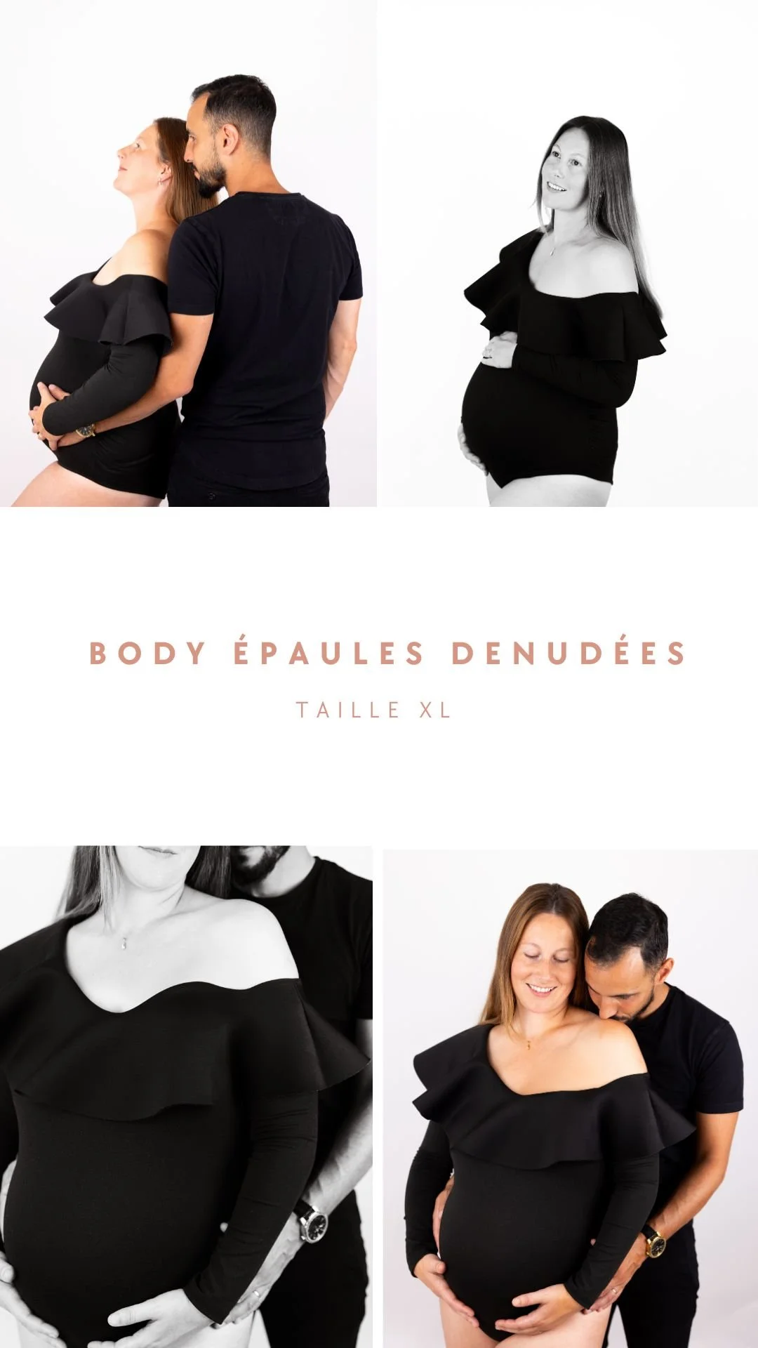 Photo promotionnelle de plusieurs femmes enceintes portant des vêtements de grossesse noirs, avec des hommes à leurs côtés, dans des poses variées, en noir et blanc et en couleur.