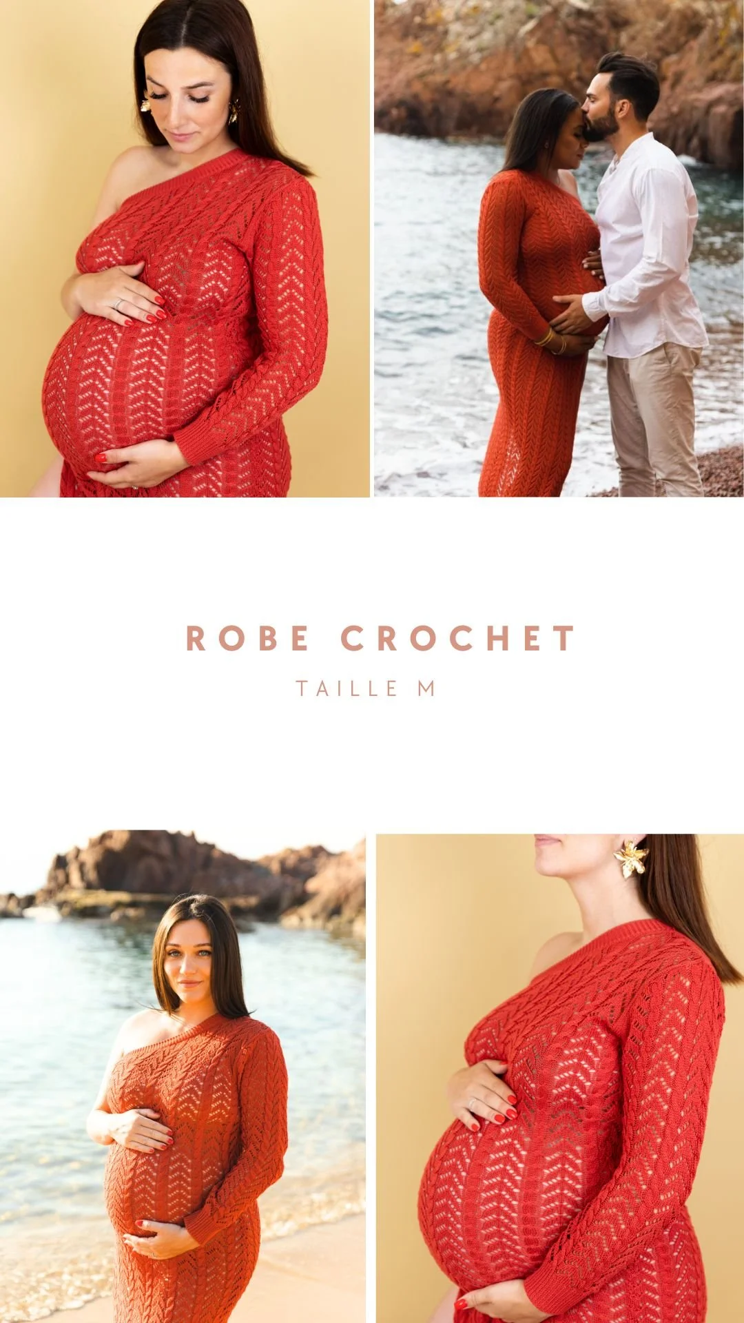 Collage de quatre photos de femme enceinte portant une robe crochet rouge, prise en extérieur et en intérieur.