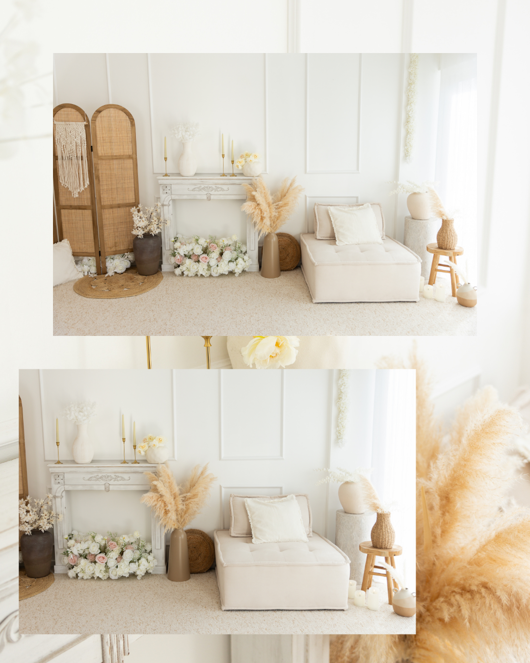 Salon intérieur avec vases, fleurs, coussins et mobilier dans des tons neutres et naturels.