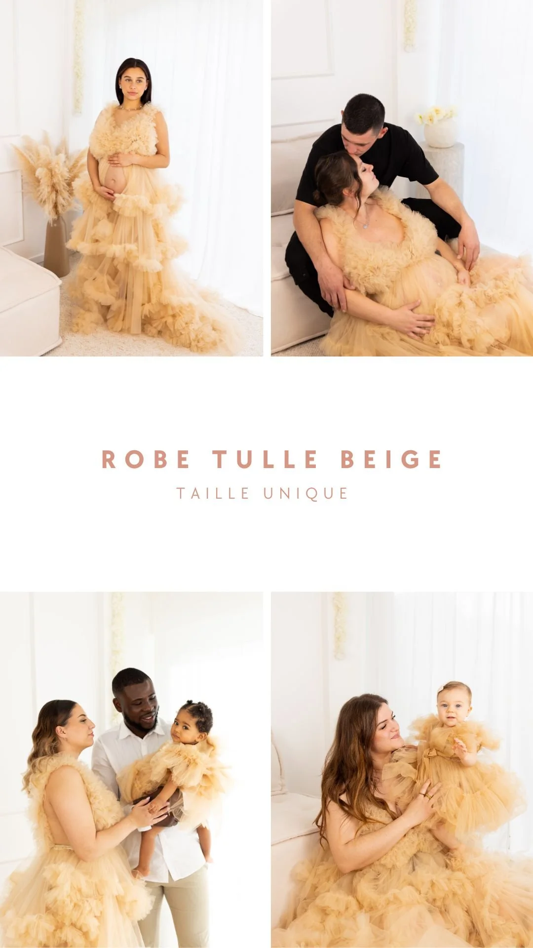 Une série de photos montrant une famille et une jeune fille portant une robe beige en tulle, avec un décor intérieur lumineux. La famille semble apprécier un moment ensemble, avec un accent sur la robe qui est conçue comme une pièce unique.