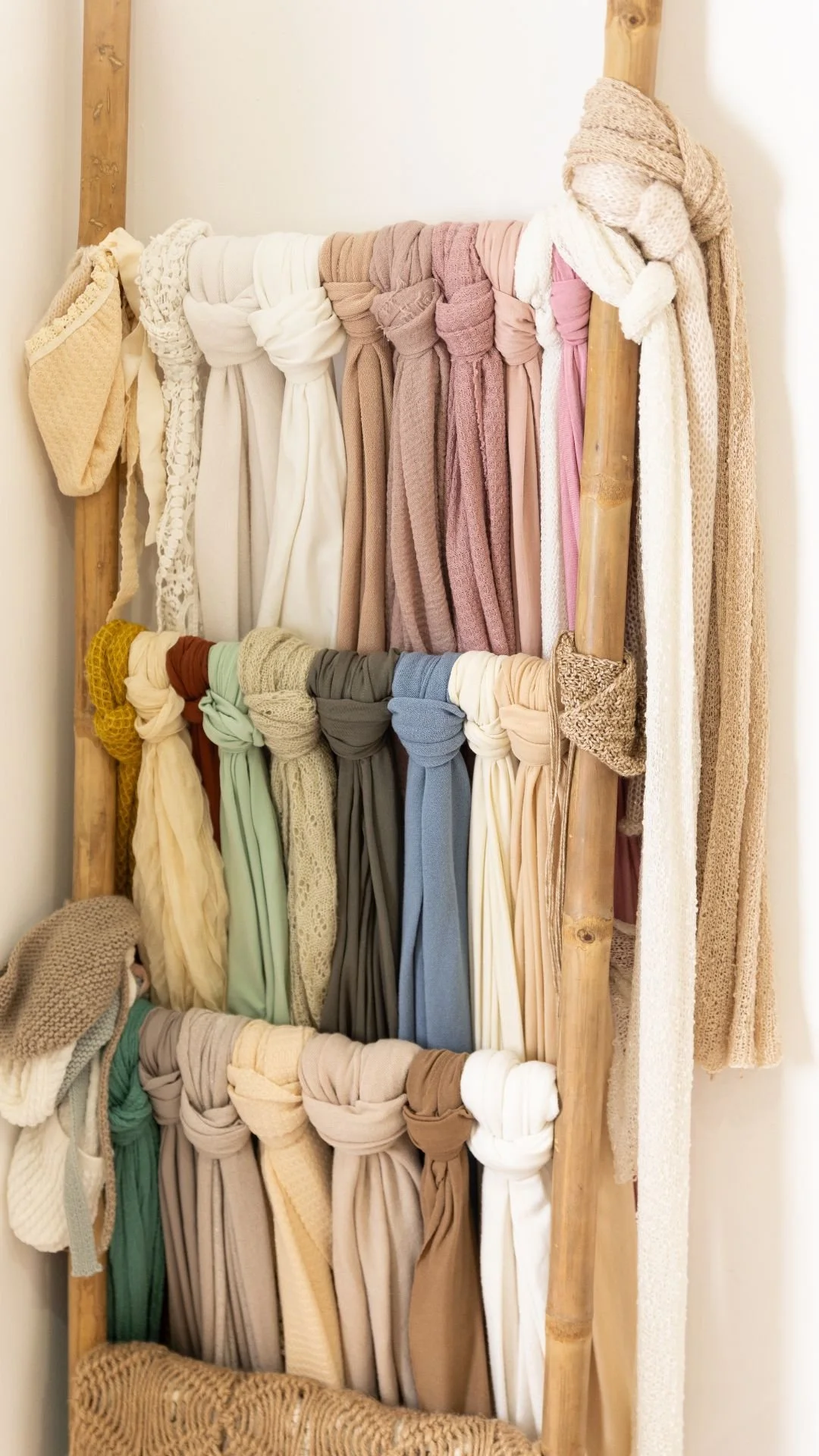 Étagère en bois avec plusieurs foulards colorés et un sac en crochet suspendus.