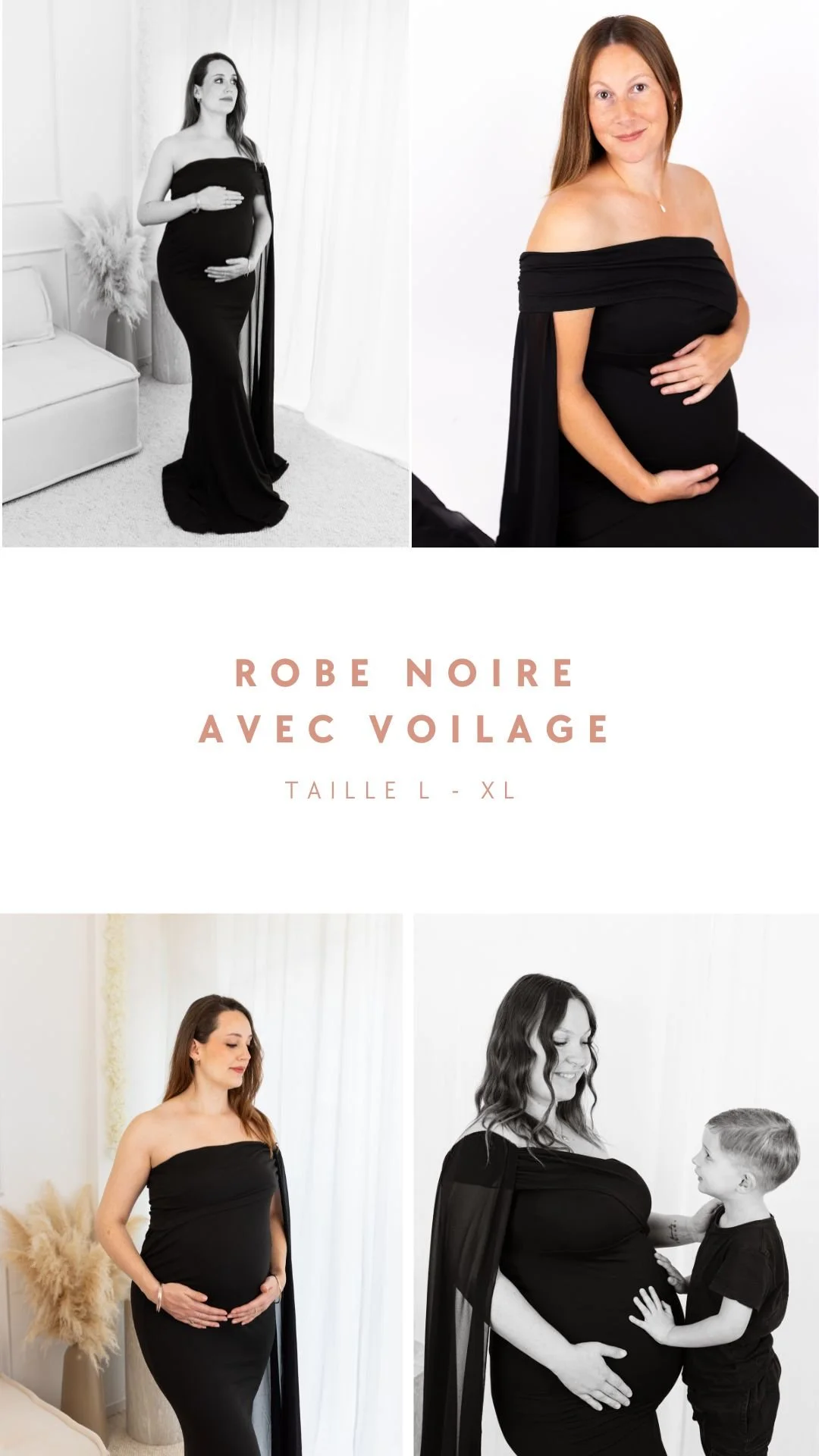 Collage de quatre photos d'une femme enceinte portant une robe noire, deux images en couleurs et deux en noir et blanc, avec du texte indiquant "ROBE NOIRE AVEC VOILAGE TAILLE L - XL".