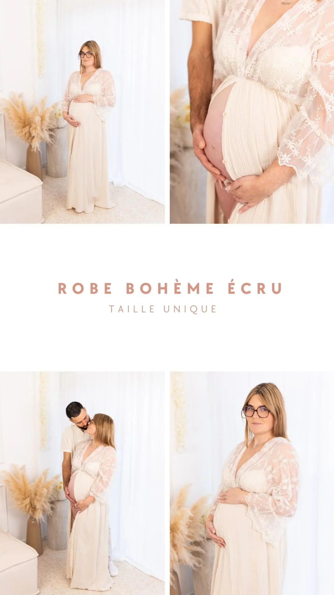 Une femme enceinte porte une robe bohème écru dans une pièce lumineuse, entourée d'une jeune femme et d'un jeune homme. La photo met en valeur le vêtement et la grossesse.