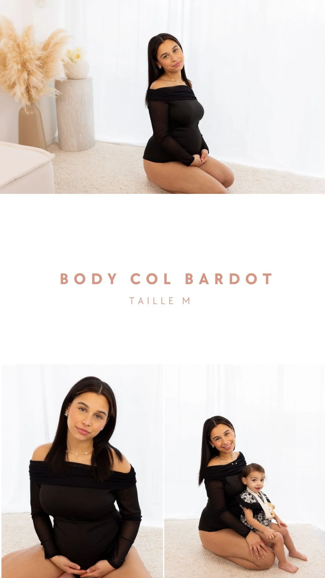 Une femme enceinte en séance photo avec un enfant, portant une robe noire et assise à genoux sur un tapis blanc dans une pièce lumineuse, avec un décor minimaliste et des éléments en couleur beige et blanc.