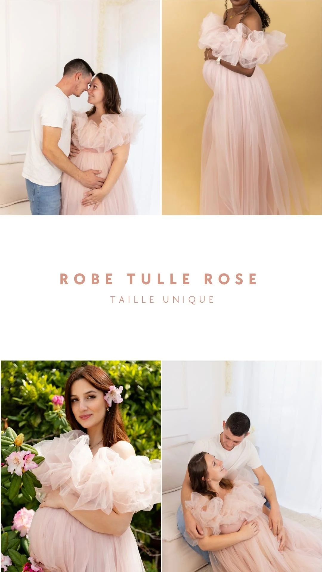 Une série de photos mettant en avant une femme enceinte portant une robe tulle rose, avec des moments de complicité avec son partenaire et une nature fleurie en arrière-plan.