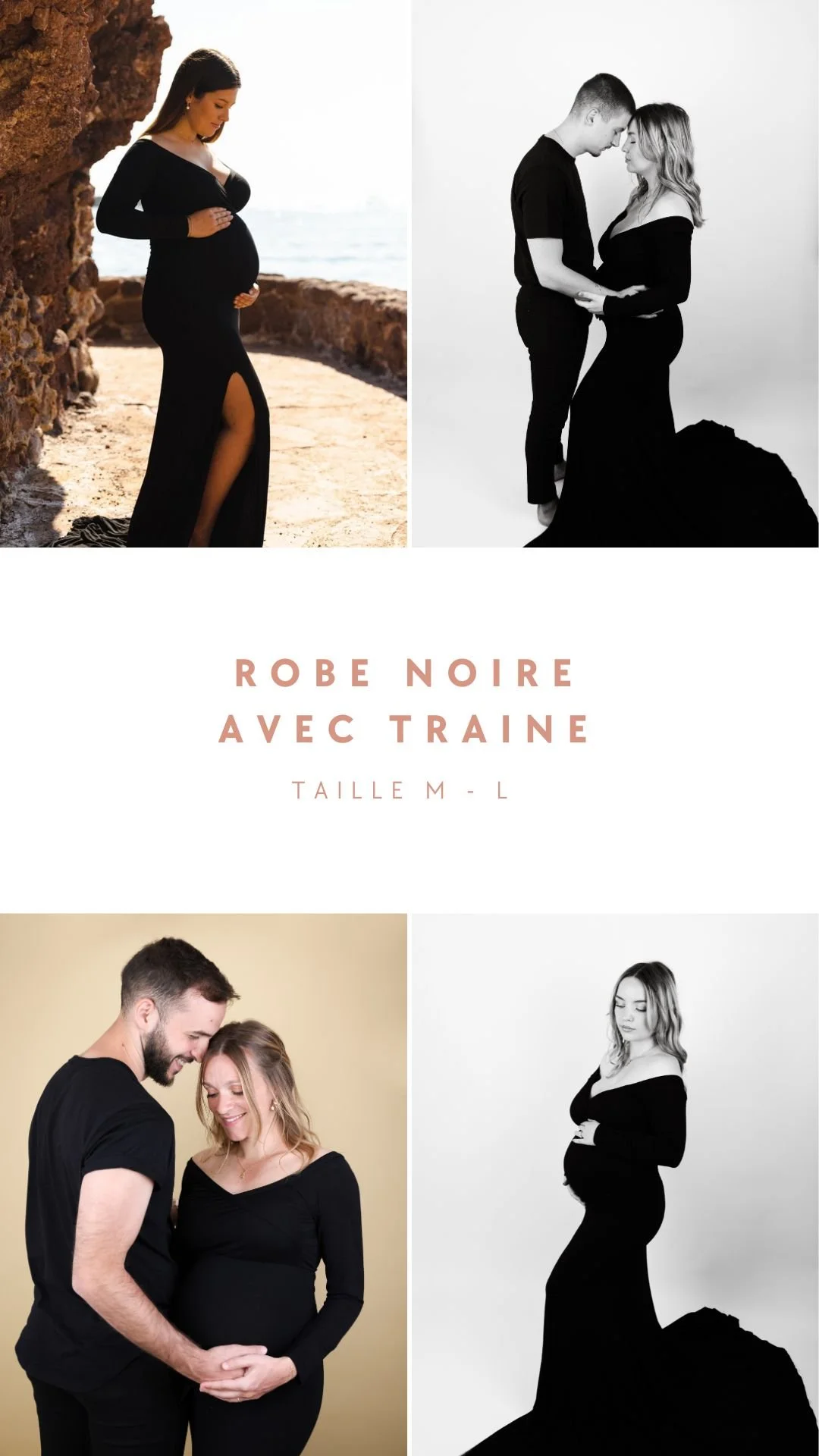 Une collection de photos de femmes enceintes portant des robes noires, avec un couple enceinte, dans divers environnements, avec un texte indiquant des robes noires avec traîne de taille M à L.