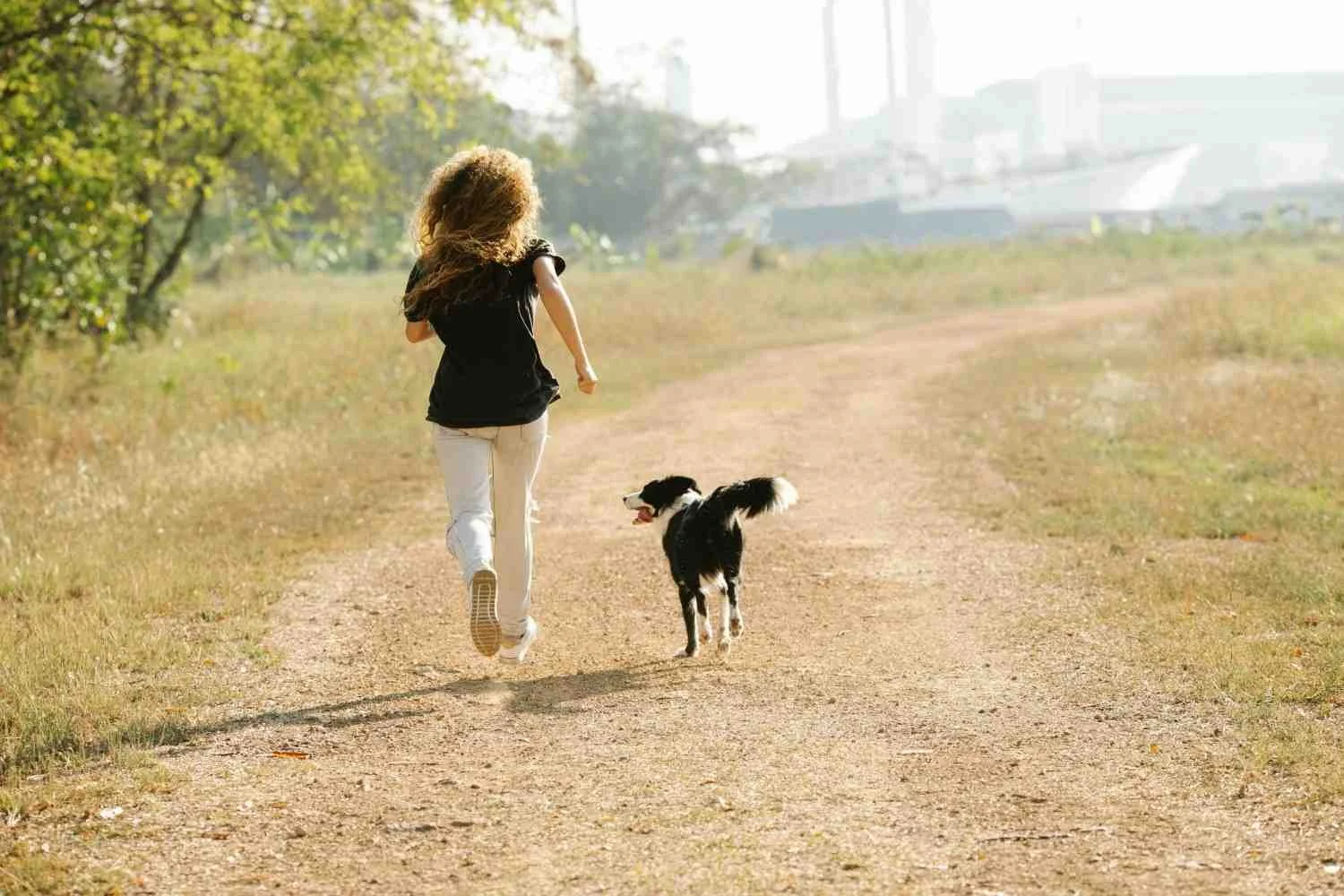 A woman with long curly hair running with a black and white dog on a dirt path in a park during daytime.