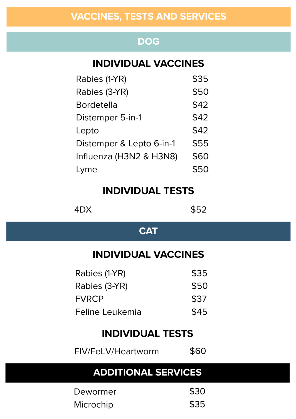 A flyer listing services for pets, including vaccines, tests, and services for dogs and cats, with additional unspecified services.