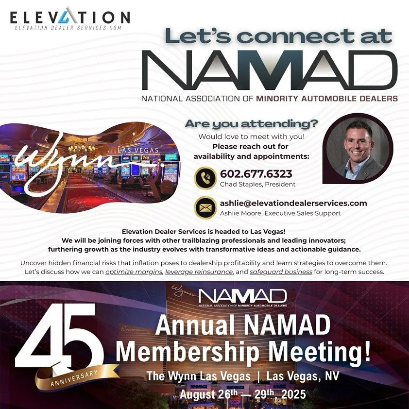 🚨 Who’s heading to NAMAD this year? 🚨
The Elevation Dealer Services team will be at The Wynn, Las Vegas | August 26–29, 2025 for the 45th Annual NAMAD Membership Meeting!
This is always one of the most impactful events in our industry