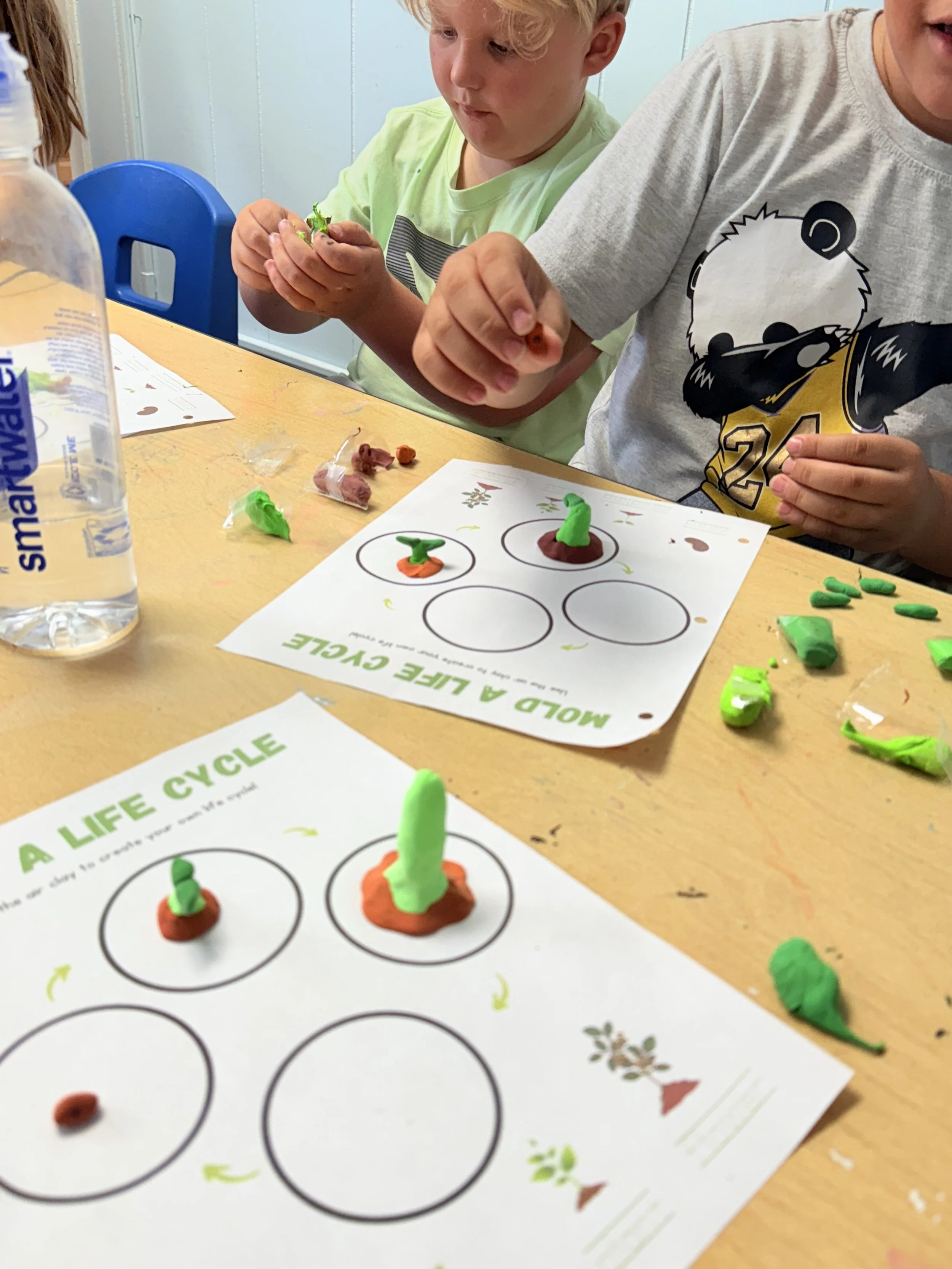 Children playing a game involving modeling clay for a lesson on the life cycle, with paper game sheets and scattered green and orange clay on a wooden table.