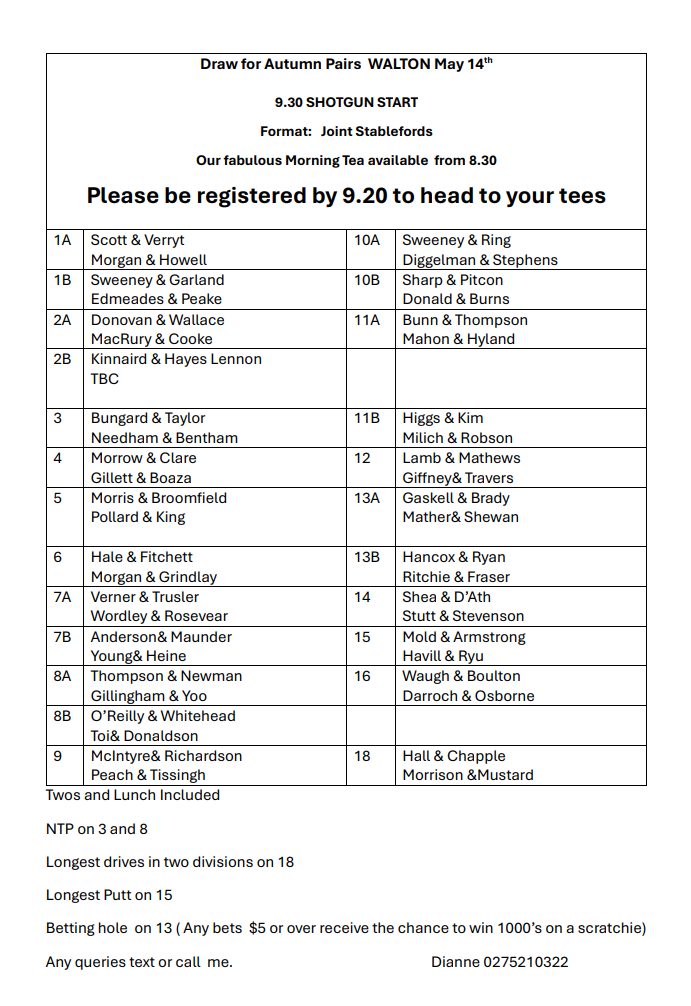 18 Hole Ladies Autumn Pairs Tournament