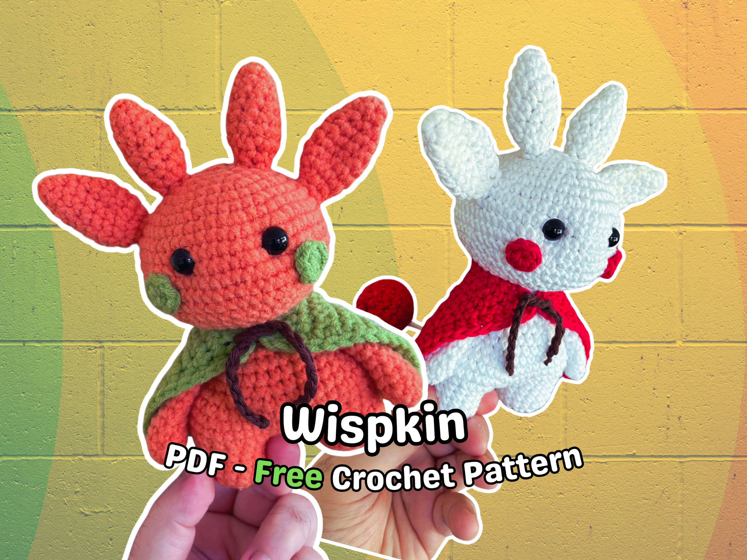 Two crochet stuffed animals, a red and green giraffe and a white and red reindeer, held by a person's hand against a yellow brick wall background, with overlay text advertising a free crochet pattern PDF for Wispkin.