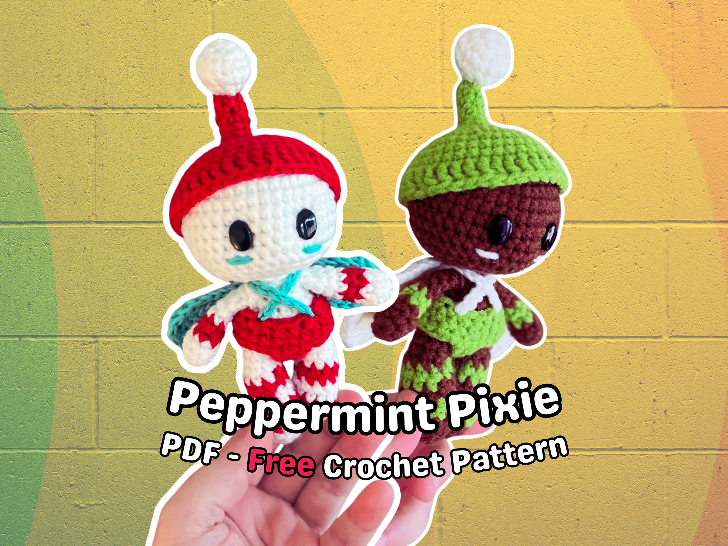 Two crocheted elf dolls, one in red and white with a red hat, and the other in green and brown with a green hat, are held in a person's hand against a yellow wall background. Text on the image says "Peppermint Pixie PDF - Free Crochet Pattern."