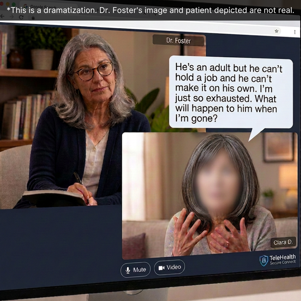 Therapist on a computer with image of client explaining worries about adult autistic child