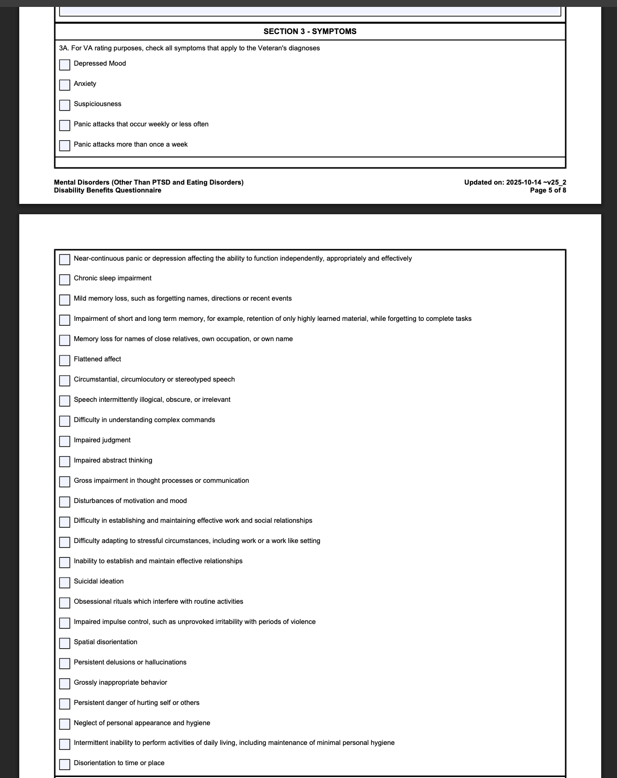 Section 3 Symptoms on VA Mental Health DBQ
