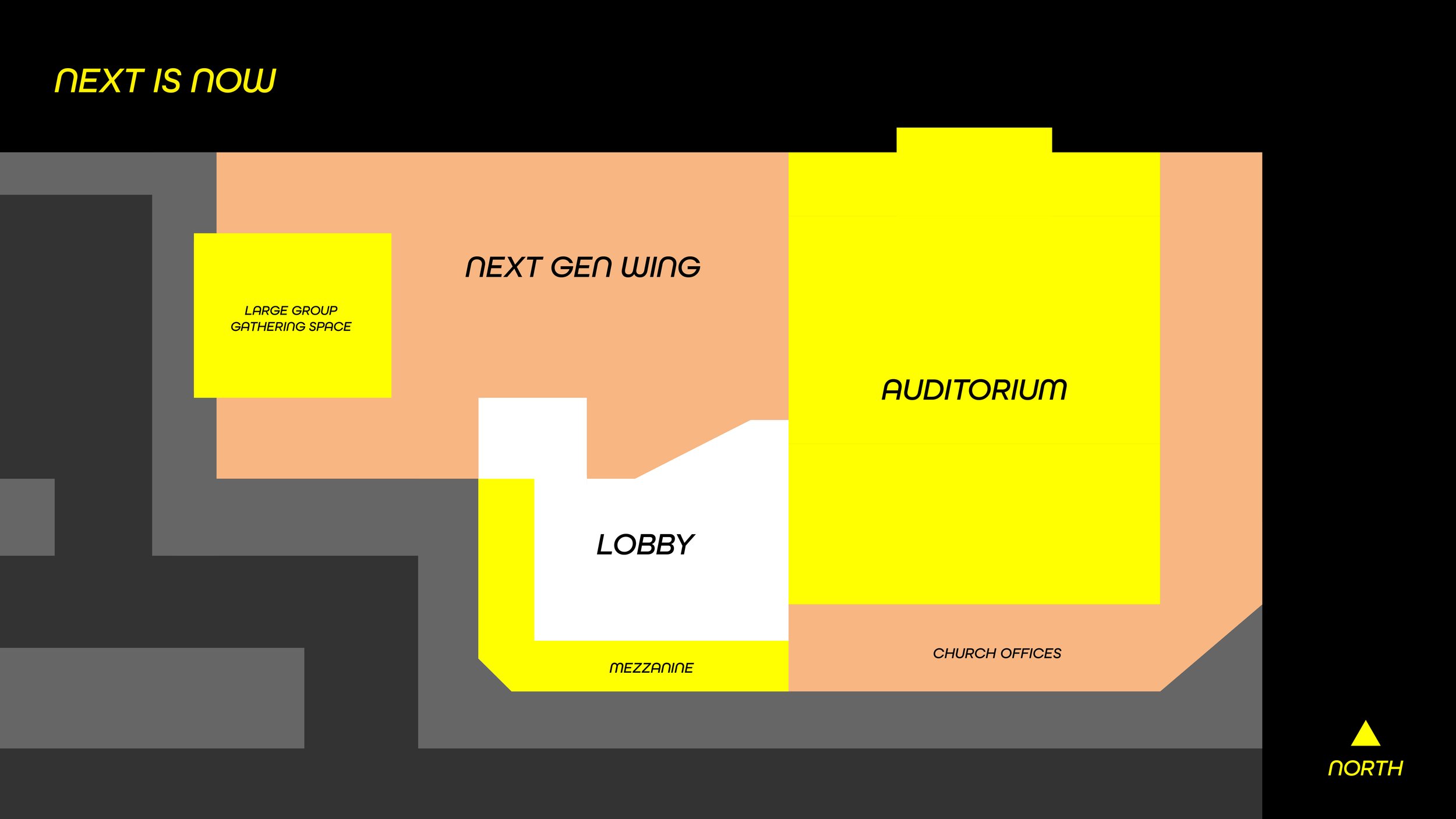 Building layout diagram with labeled sections including lobby, auditorium, next gen wing, large group gathering space, church offices, and mezzanine, with north directional indicator.