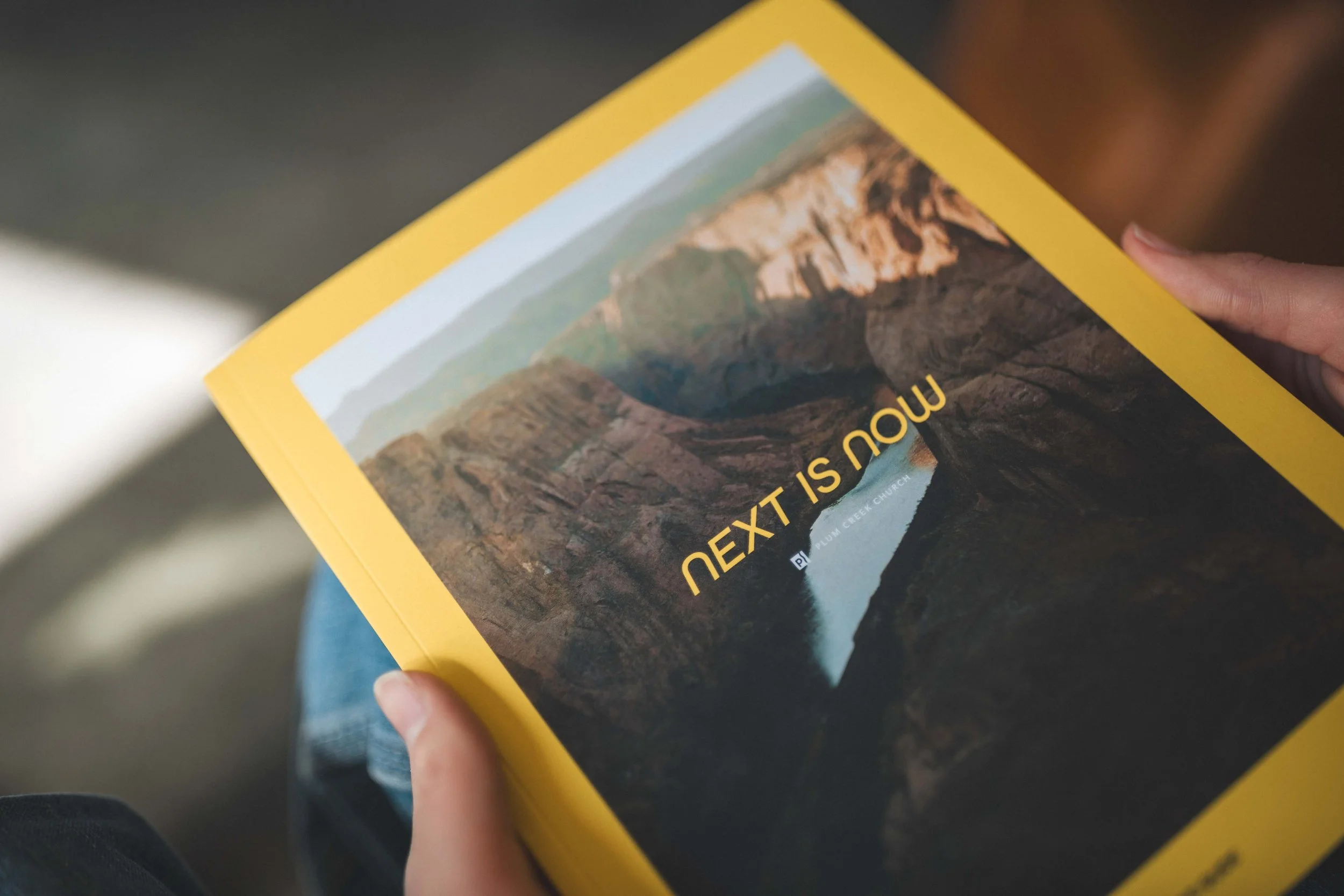 Person holding a yellow pamphlet with the words "Next is Now" over a landscape of canyon cliffs and water.