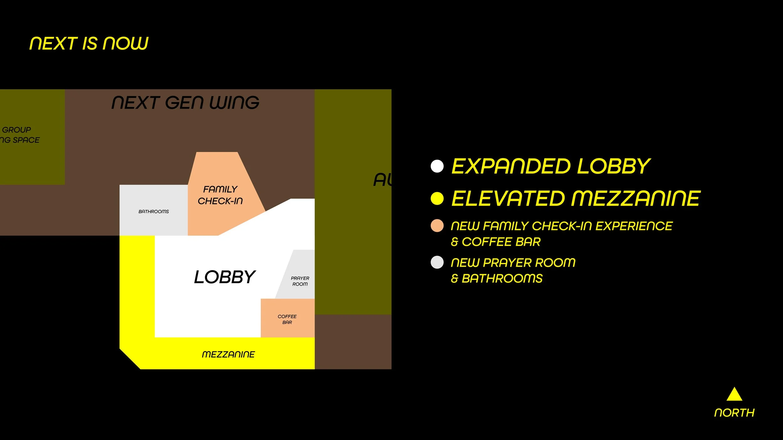Floor plan of a building showing an expanded lobby, elevated mezzanine, new family check-in area with coffee bar, new prayer room and bathrooms, and group meeting space. There is a legend indicating different areas: expanded lobby, elevated mezzanine