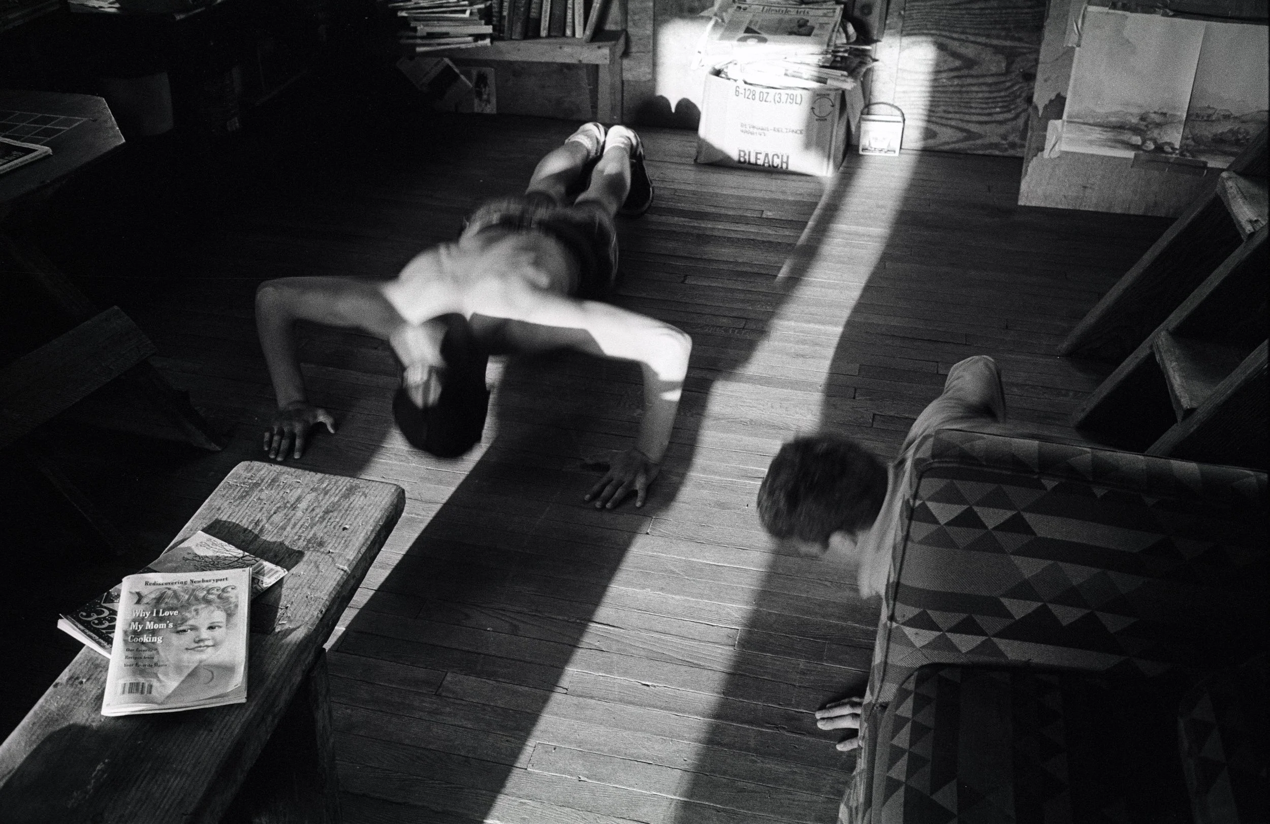  AFTER A MINOR SPAT, DYLAN AND PENIKESE DIRECTOR, TOBY LINEAWEAVER, FACE-OFF WITH A HUNDRED PRESS-UPS&nbsp;  FEISTY YOUNG DYLAN WON, AND SPENT THE EVENING LOUDLY RE-TELLING EVERYONE ABOUT IT.&nbsp; LINEAWEAVER WAS ALMOST HAPPIER—DYLAN HAD BURNT HIS E