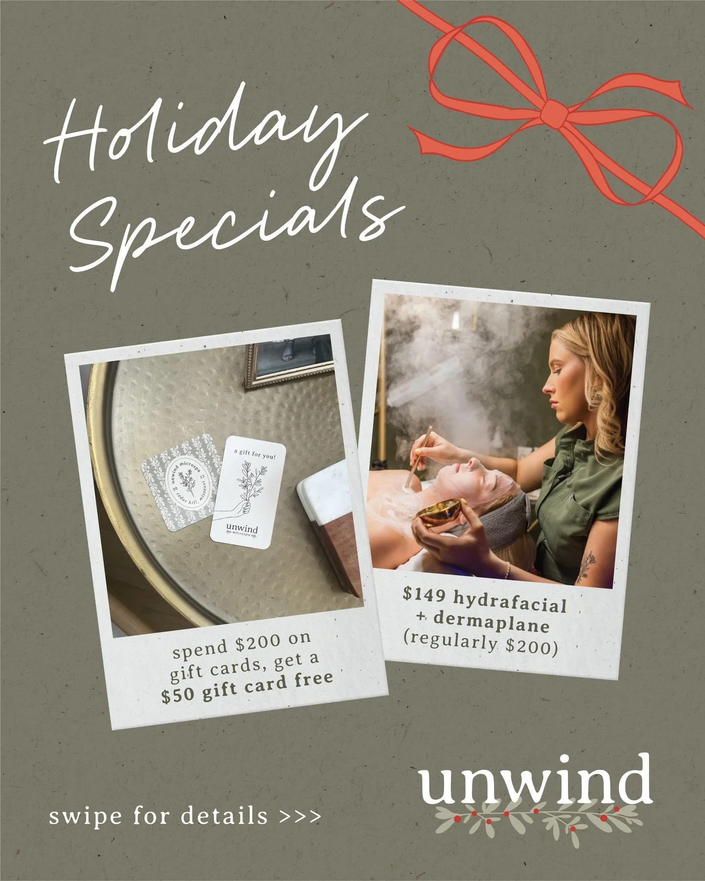 ✨give the gift of glow this season ✨
for one week only:
🎁 buy $200 in gift cards, get a $50 card free
💧 book our unwind hydrafacial + dermaplane for just $149
perfect for gifting&hellip; or keeping for yourself. 😉

#holidaydeals #relaxandunwind #s
