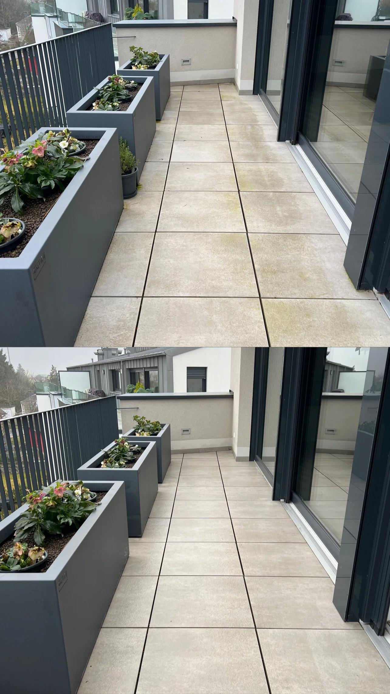 Balcon avec quatre grands pots de fleurs contenant des plantes, sol en dalles, murs et fenêtres modernes, vue sur un quartier résidentiel.