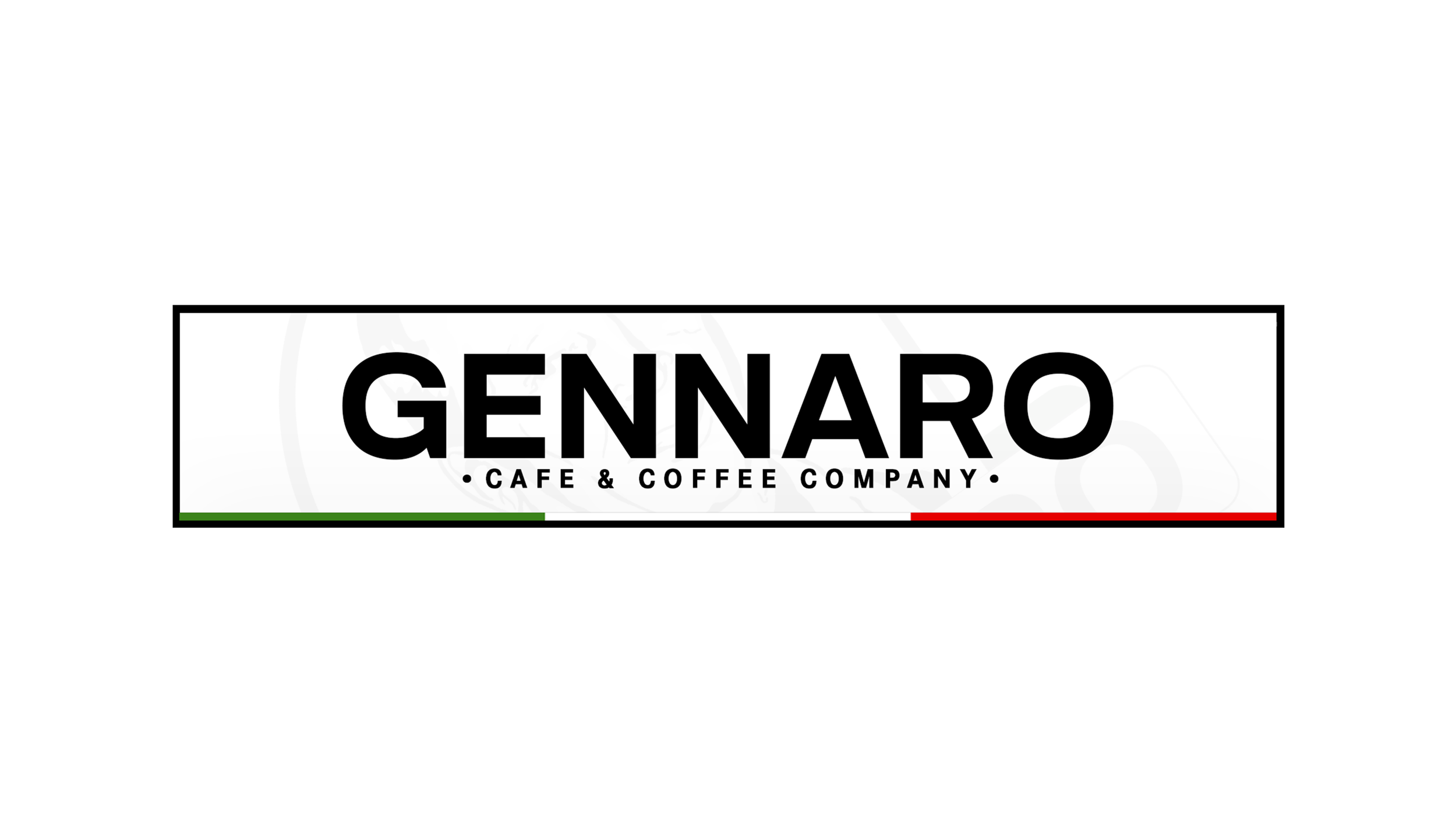 Sign for Gennaro Cafe & Coffee Company with green, white, and red stripes at the bottom, on a black background.