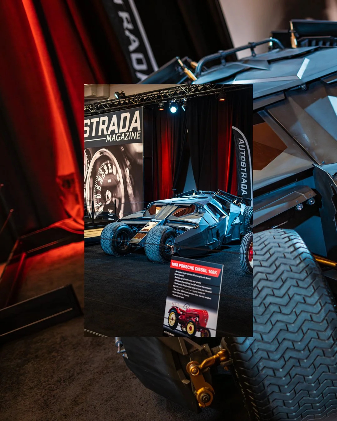 A futuristic, angular black car displayed at an exhibition with a 