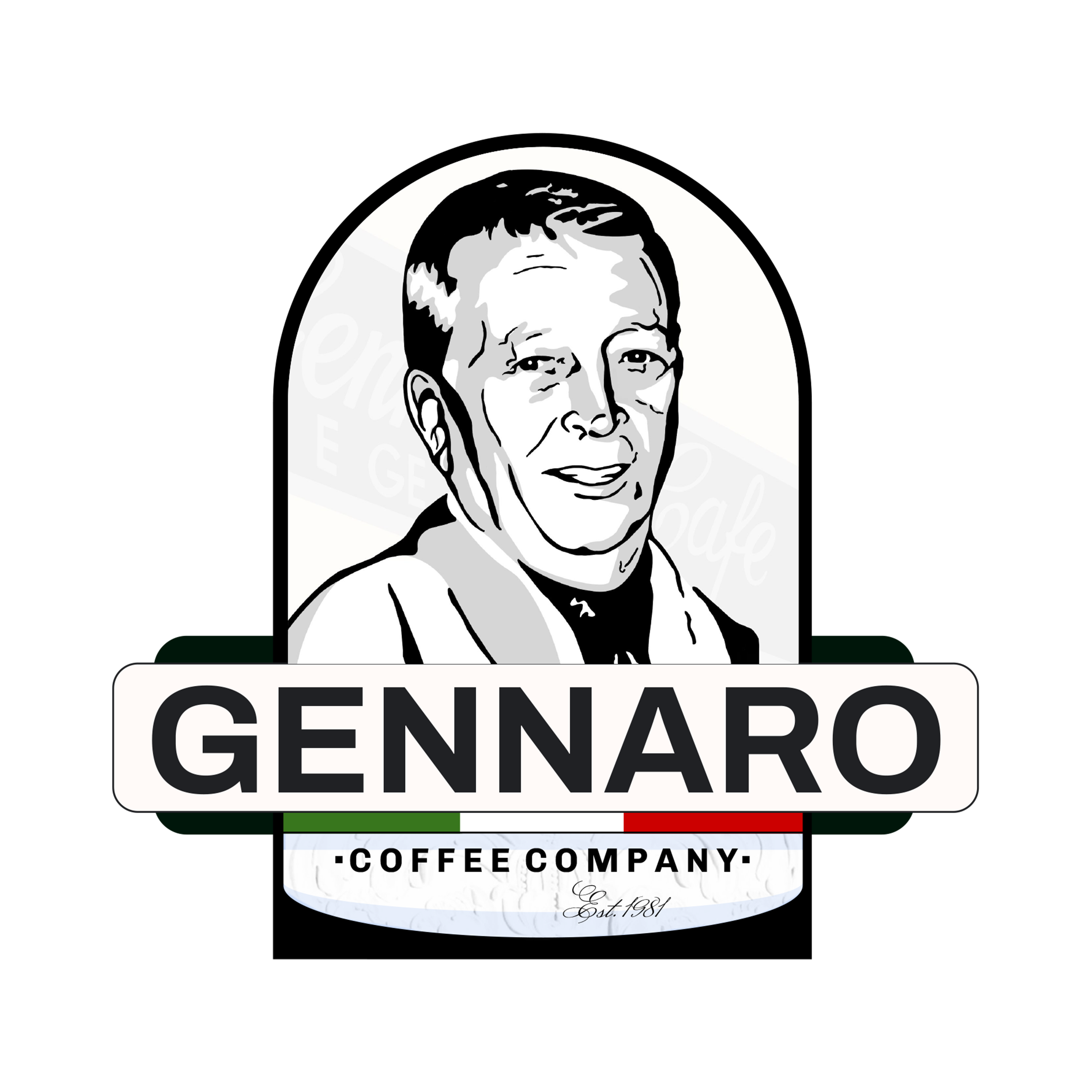 Illustrated logo of Gennaro Coffee Company featuring a man's portrait, with a banner displaying the company name and a coffee cup illustration beneath.