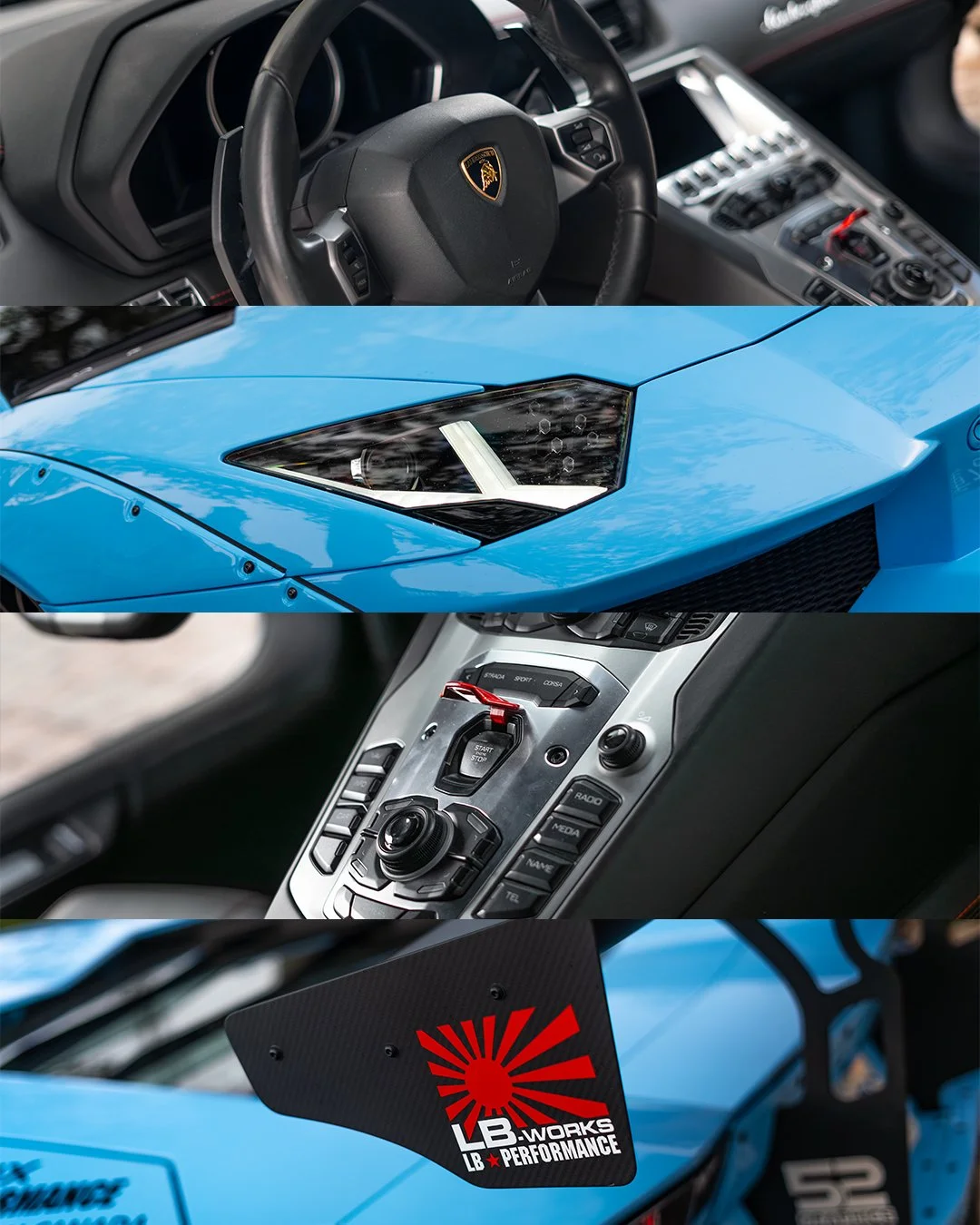 Interior and exterior close-up shots of a luxury sports car, showing the steering wheel with Lamborghini emblem, blue car body with angular headlights, center console with controls, and a rear wing with LB Works Performance logo.