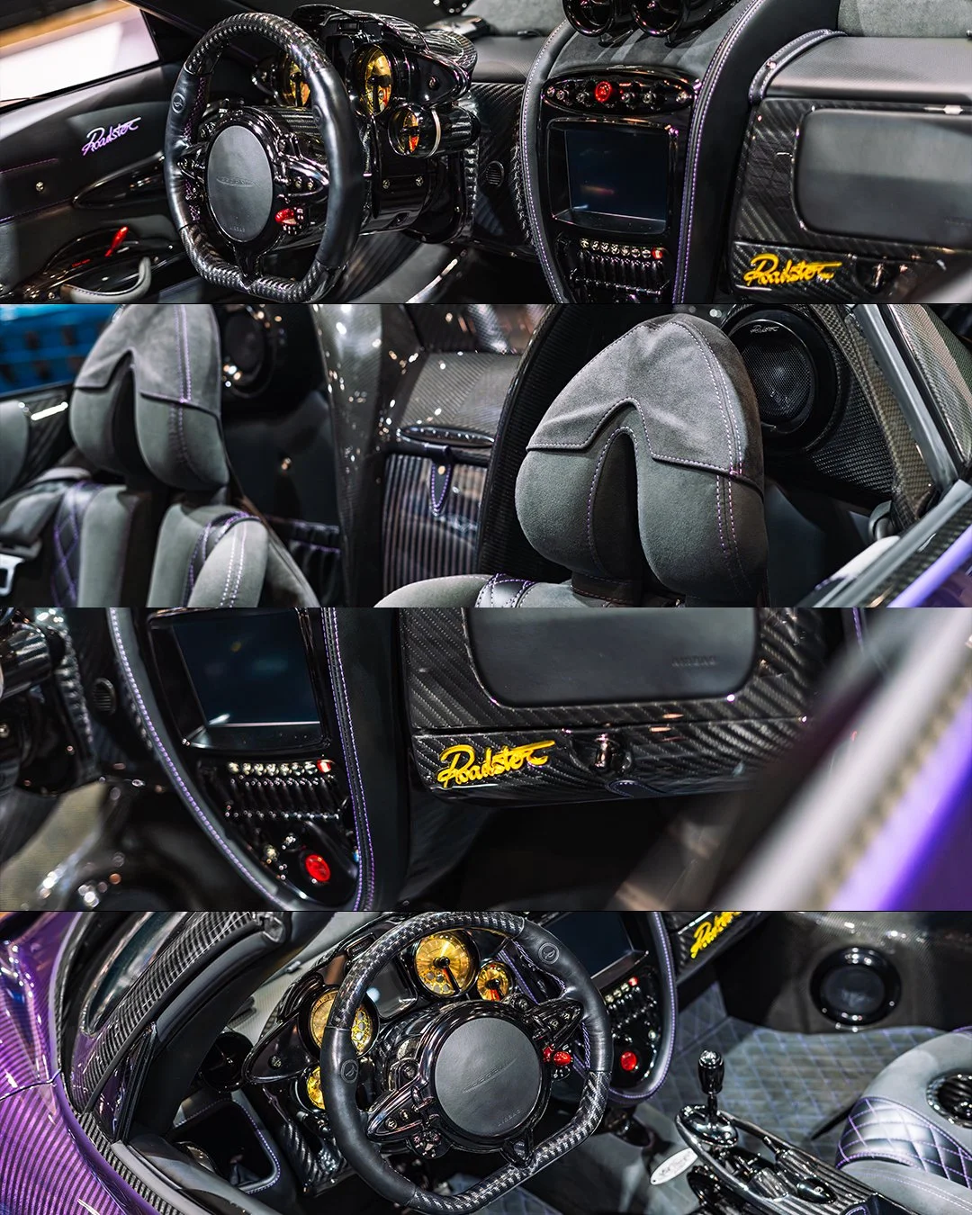 Interior of a luxury sports car with carbon fiber details, a racing steering wheel, plush seats, and high-end audio equipment.