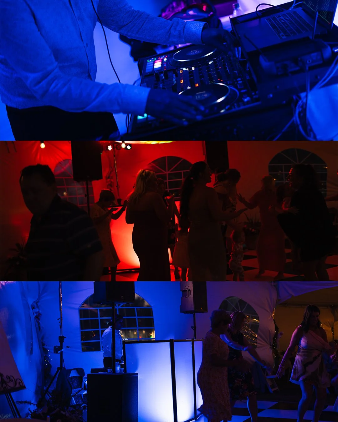 Three panels of a dance party with DJ and guests; top panel shows DJ mixing, middle panel shows guests dancing in red lighting, bottom panel shows people dancing with blue lighting.