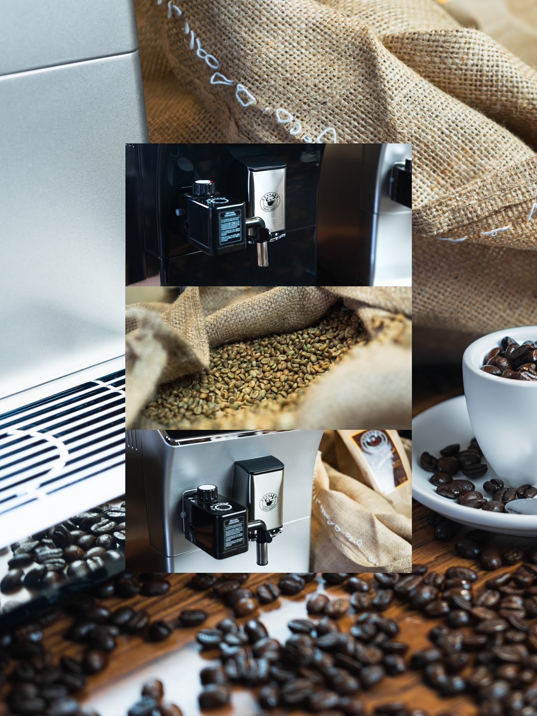 Coffee beans spilled on a wooden surface, with coffee machines, a bowl of coffee beans, and burlap sacks of green coffee beans in the background.