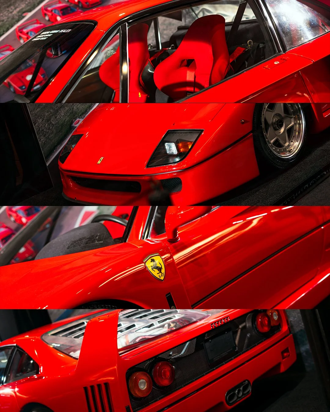 Close-up view of a classic red Ferrari sports car showing the interior with racing seats, the front with pop-up headlights, the side with the Ferrari logo, and the rear with taillights and exhaust pipes.