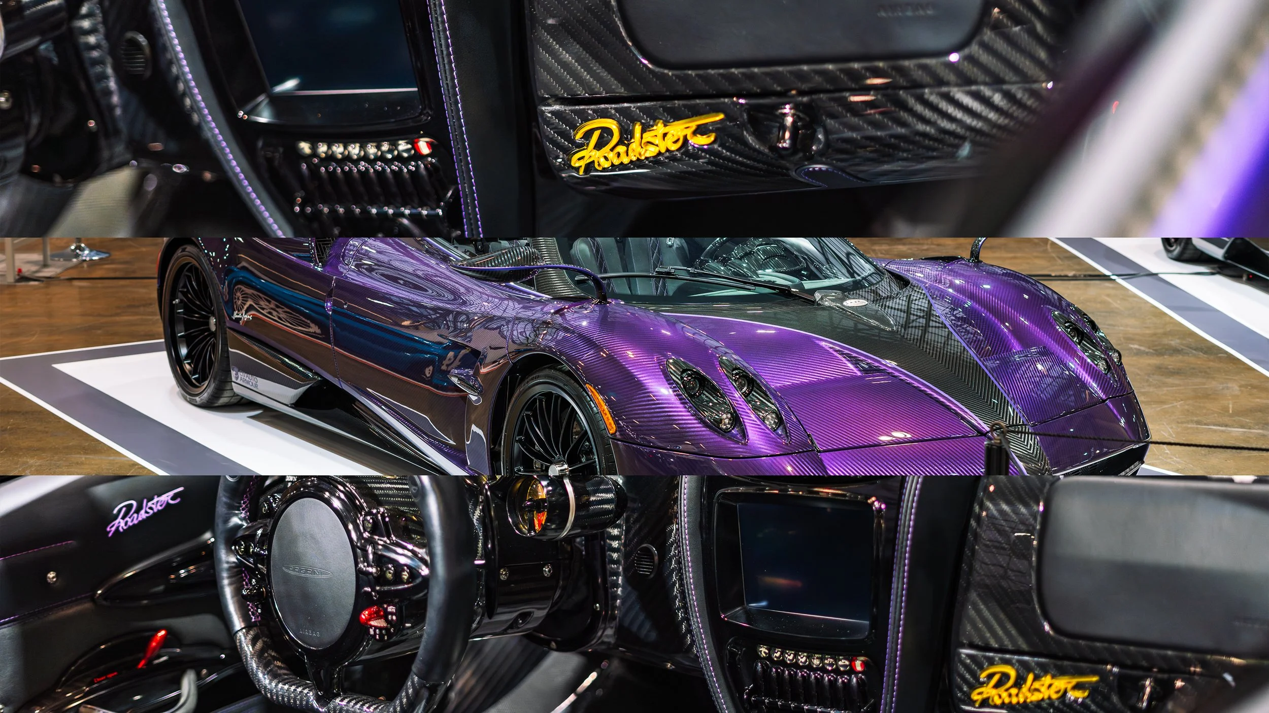 A purple Pagani Huayra Roadster sports car displayed at an exhibition, shown from the front side with a close-up of the interior dashboard and steering wheel in a luxury automotive setting.